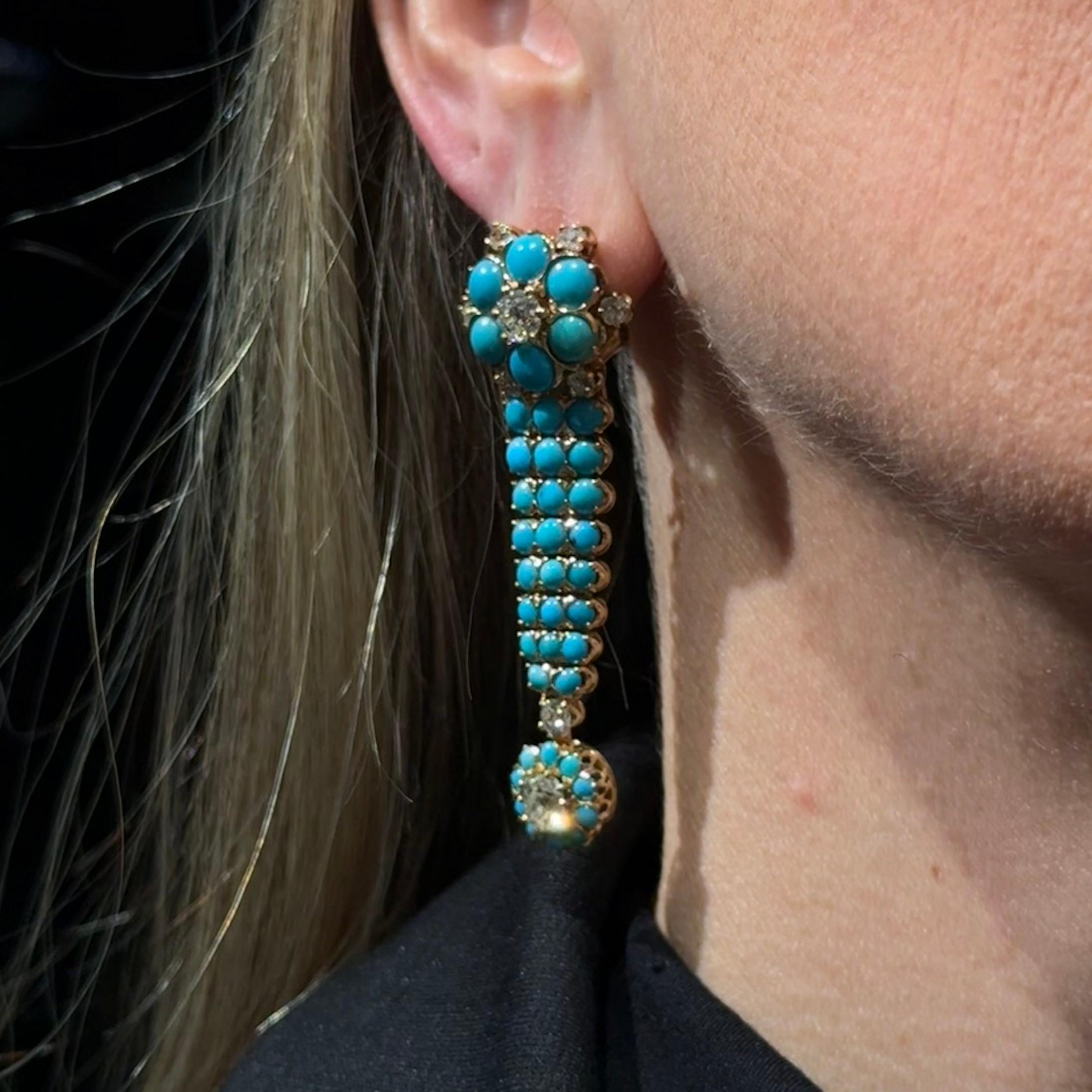 Antique Edwardian Old Cut Diamond Turquoise Drop Earrings Gold Early 1900s 4
