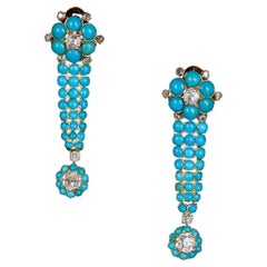 Antique Edwardian Old Cut Diamond Turquoise Drop Earrings Gold Early 1900s