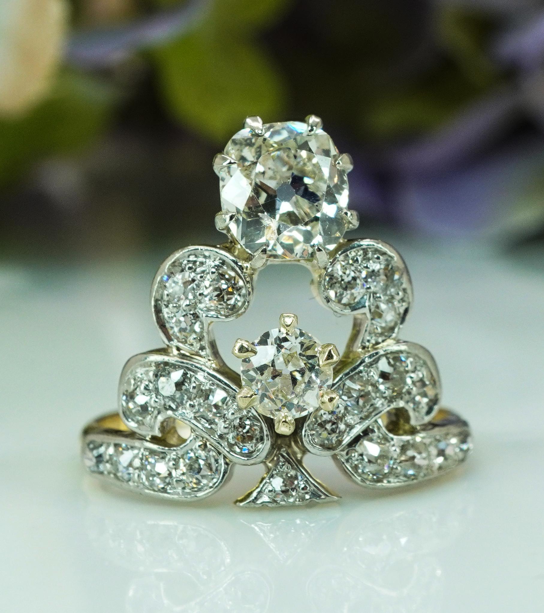 Edoardiano Antique Edwardian Old European Cushion Mine cut Diamond Crown Ring 14K Gold in vendita