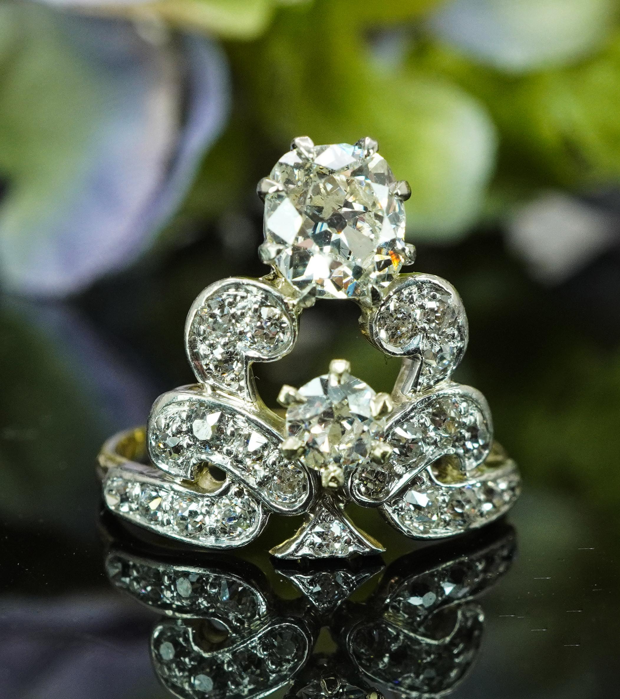 Antique Edwardian Old European Cushion Mine cut Diamond Crown Ring 14K Gold In condizioni buone in vendita a Brambleton, US