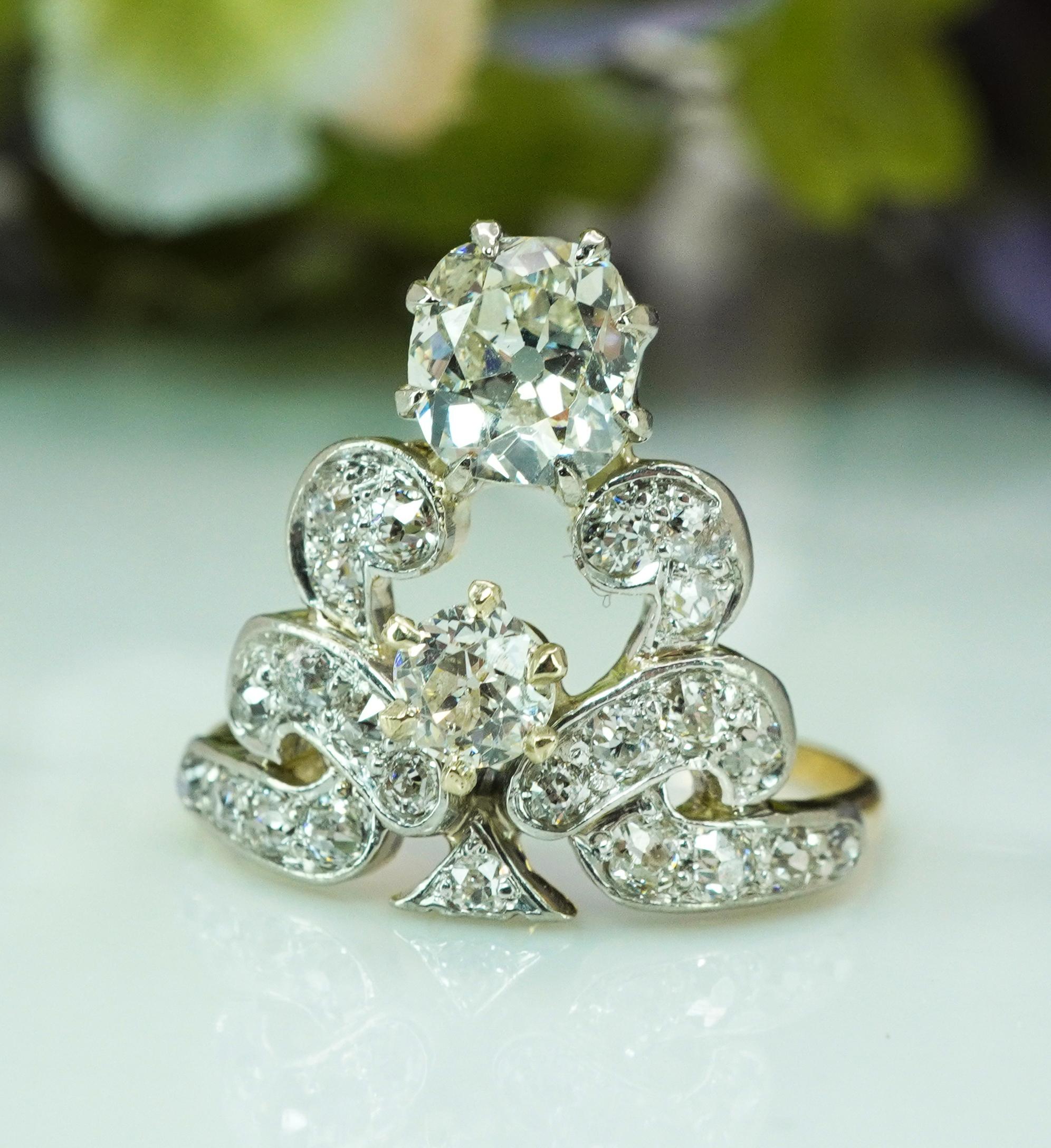 Donna Antique Edwardian Old European Cushion Mine cut Diamond Crown Ring 14K Gold in vendita