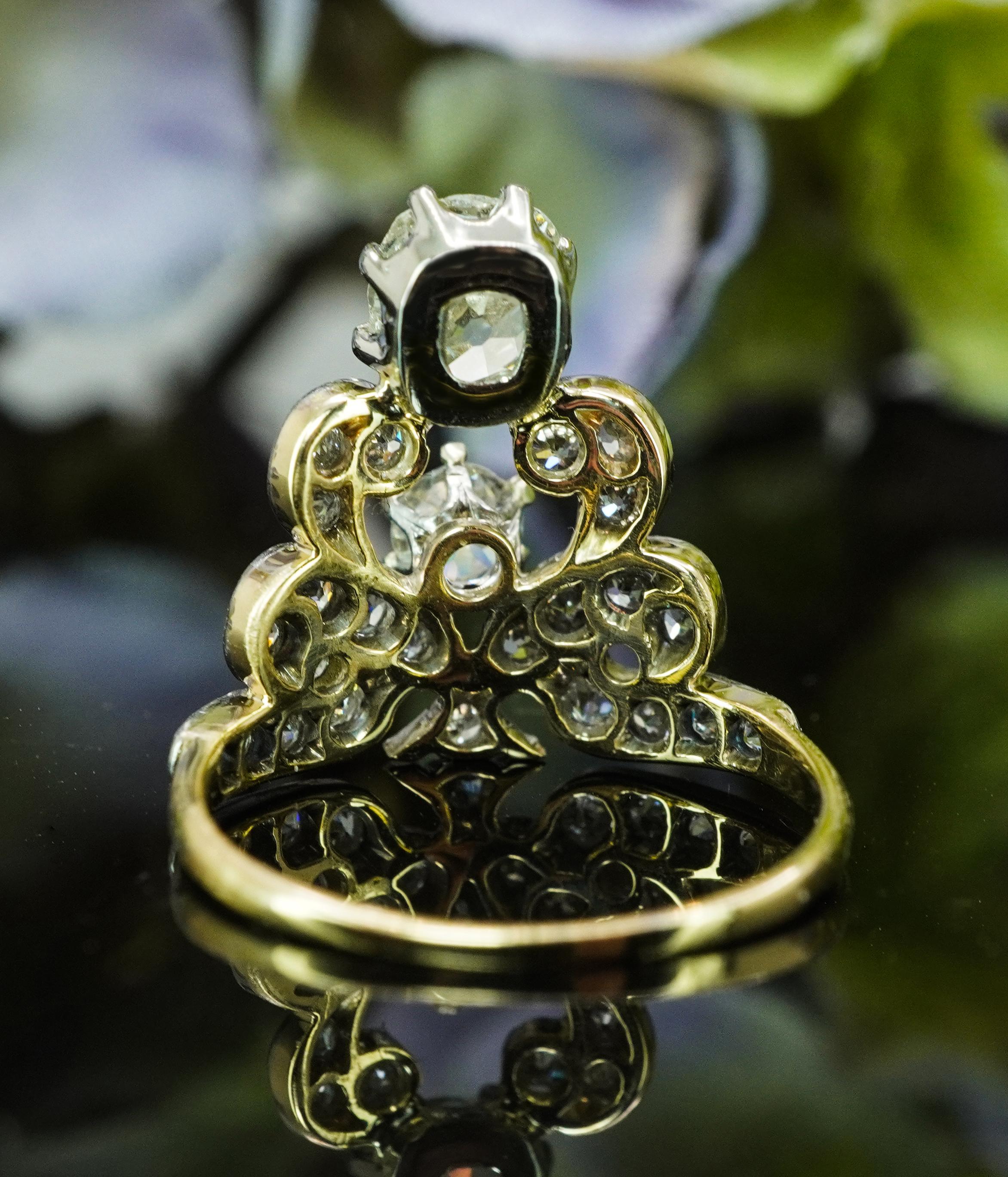 Antique Edwardian Old European Cushion Mine cut Diamond Crown Ring 14K Gold in vendita 1