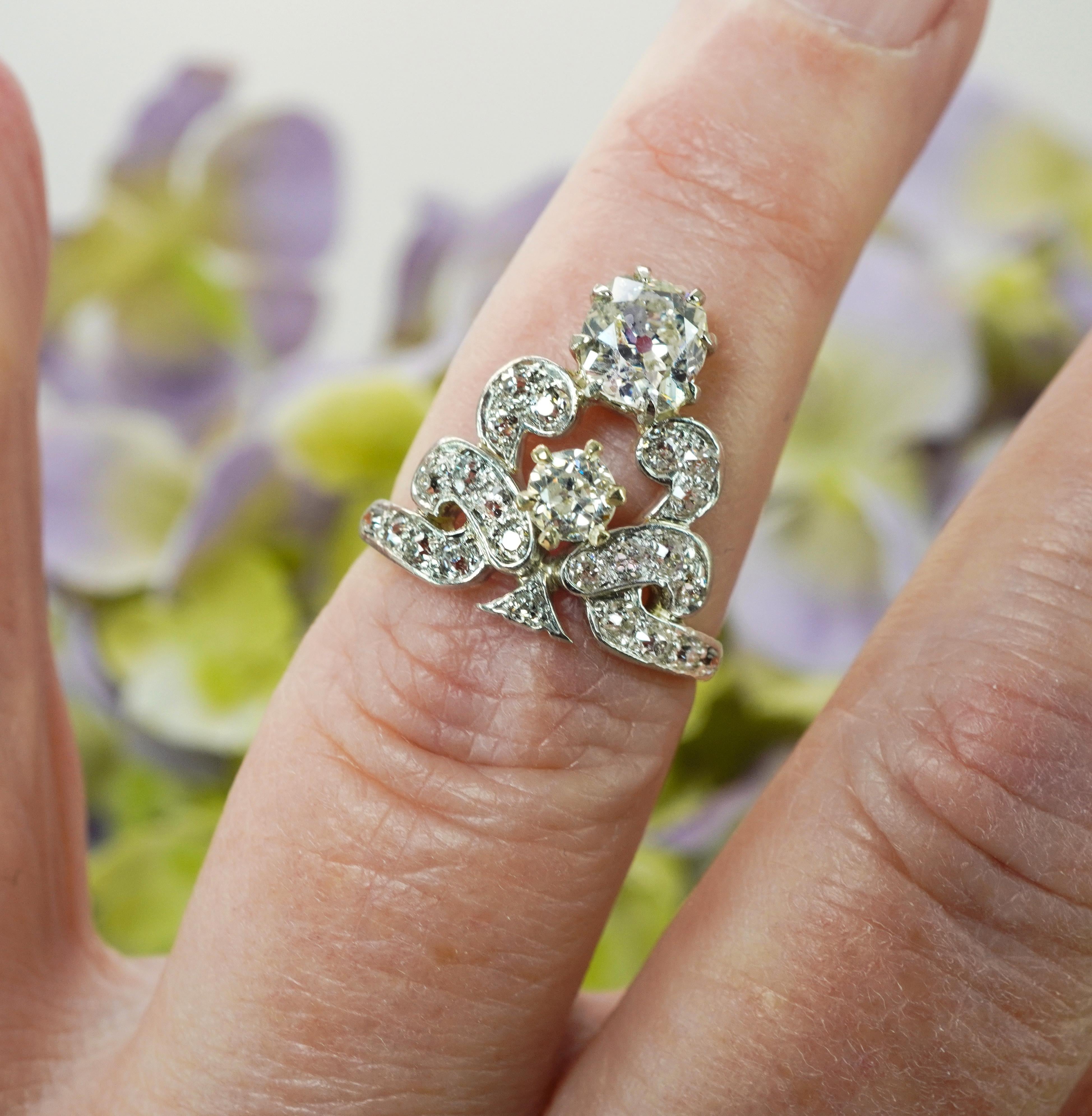 Antique Edwardian Old European Cushion Mine cut Diamond Crown Ring 14K Gold in vendita 2