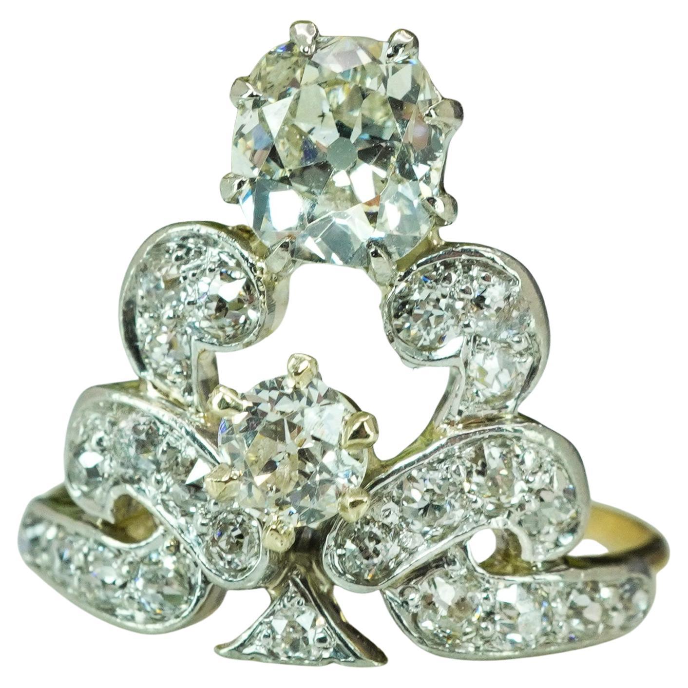 Antique Edwardian Old European Cushion Mine cut Diamond Crown Ring 14K Gold in vendita