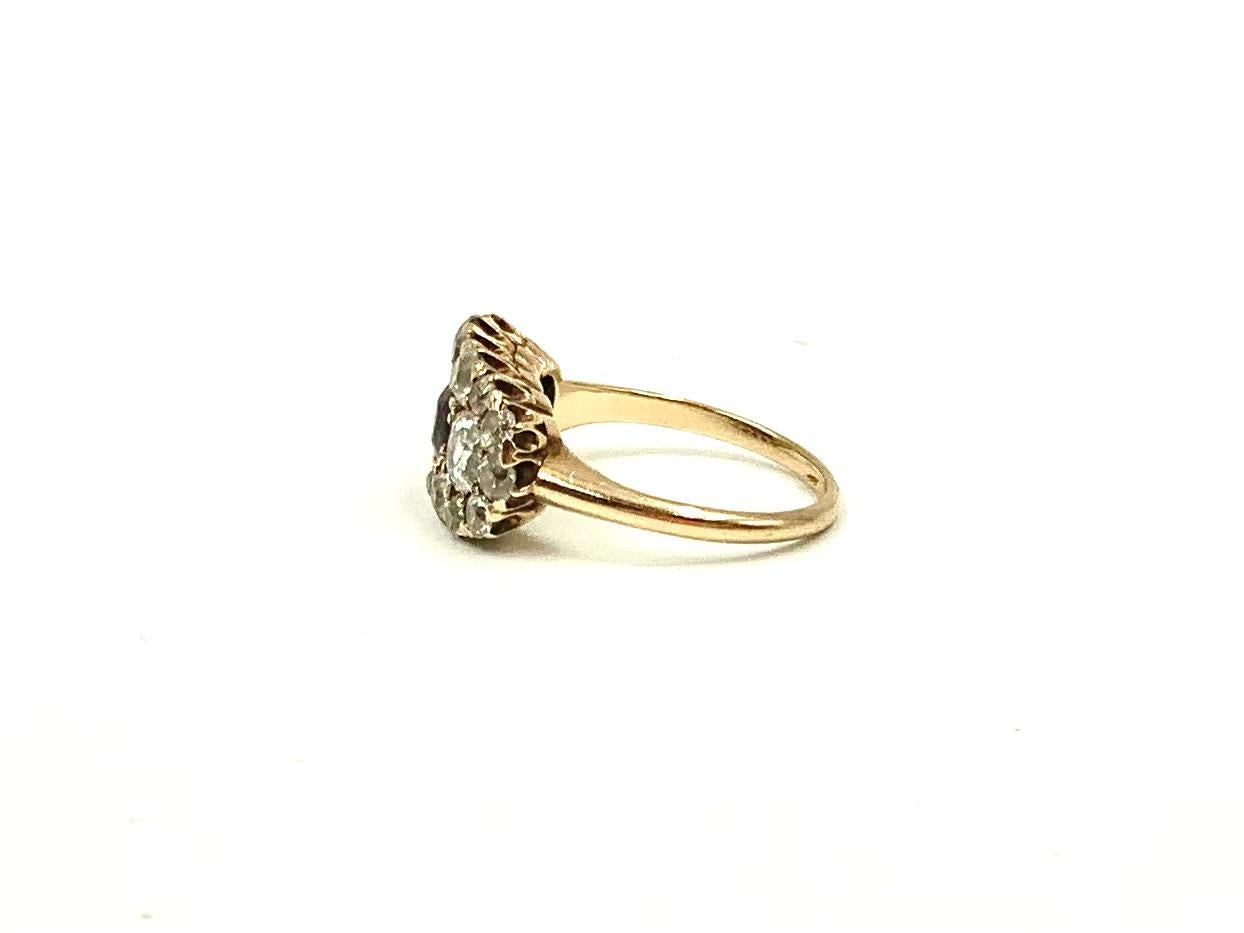 Bague ancienne édouardienne en or jaune 18 carats, diamant taille européenne et grenat en vente 3