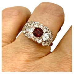 Antique Edwardian Old European Cut Diamond, Garnet 18K Yellow Gold Cluster Ring