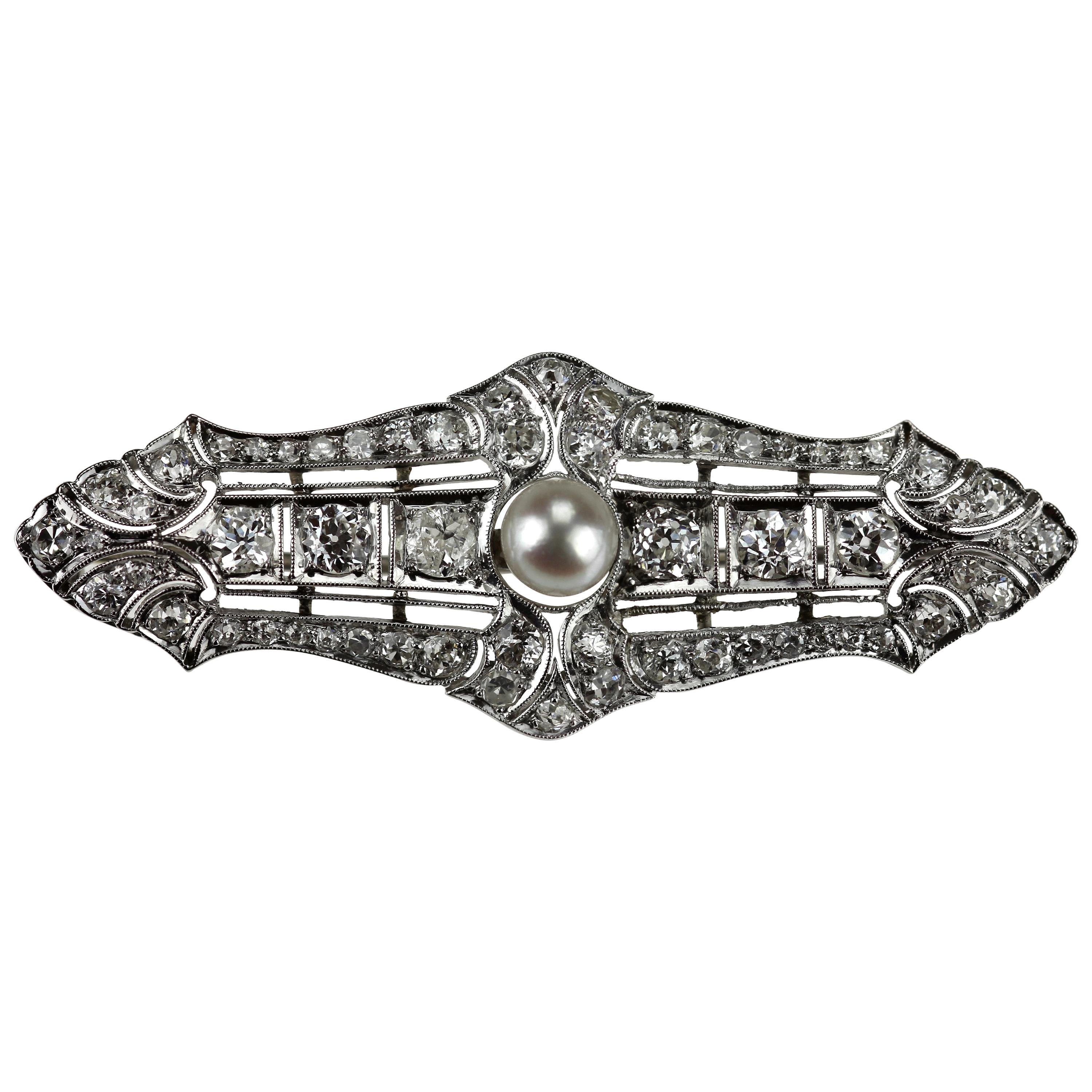 Antique Edwardian Old European Cut Diamonds and Pearl Brooch in Platinum