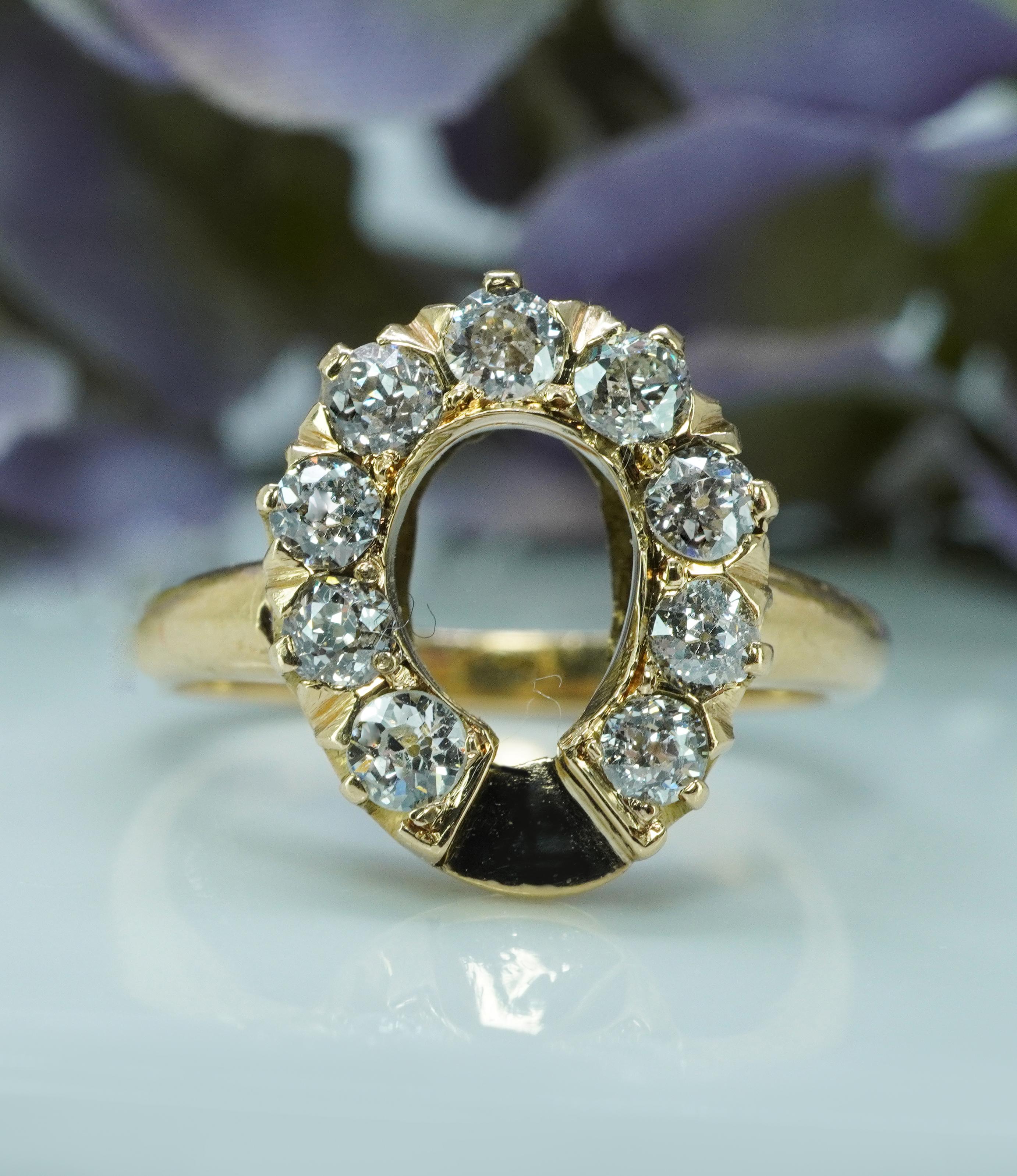 Antiker edwardianischer Hufeisenring aus 14 Karat Gold mit altem europäischem Diamanten, Statement-Nachlass (Edwardian) im Angebot