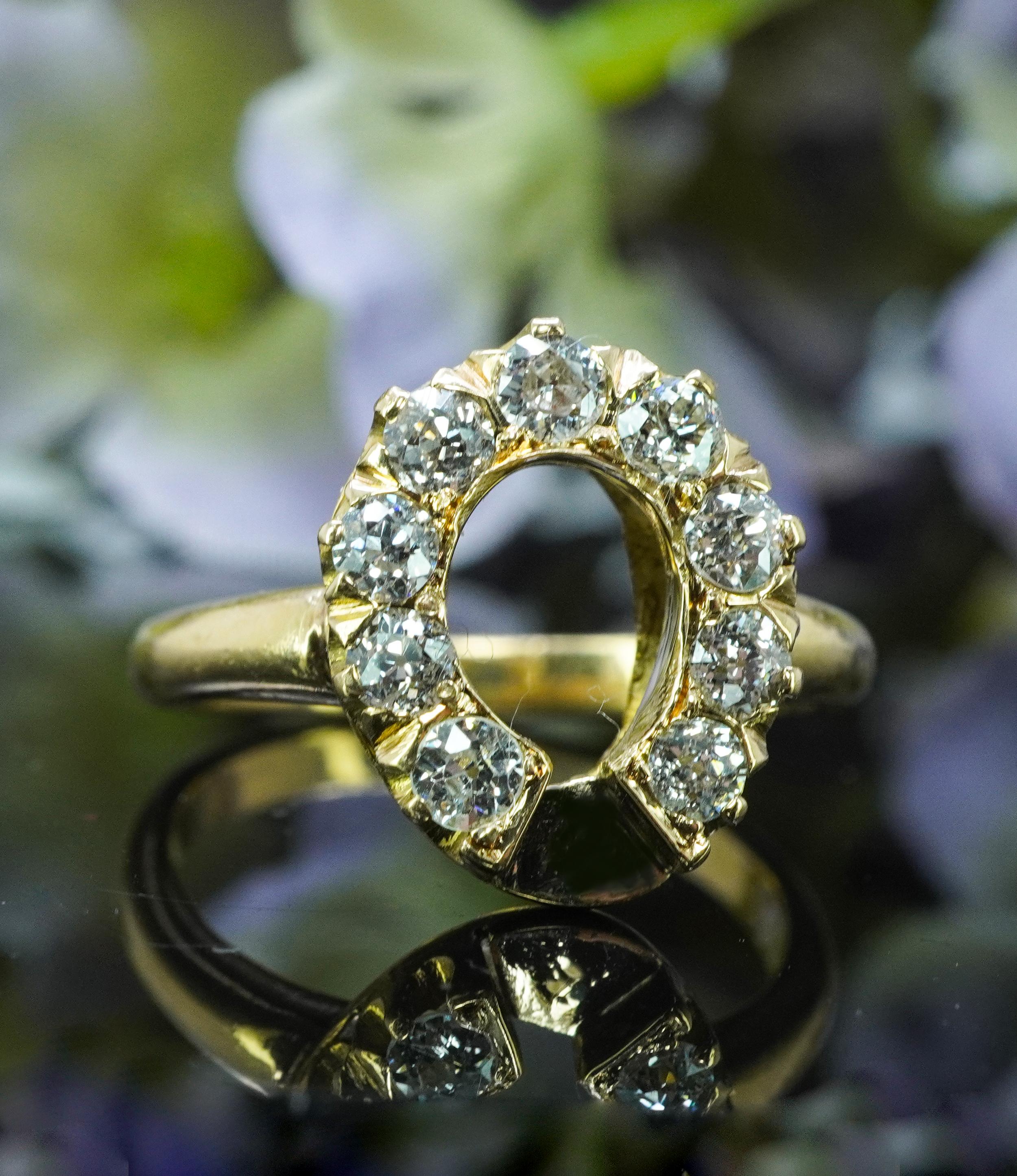Antiker edwardianischer Hufeisenring aus 14 Karat Gold mit altem europäischem Diamanten, Statement-Nachlass (Alteuropäischer Schliff) im Angebot
