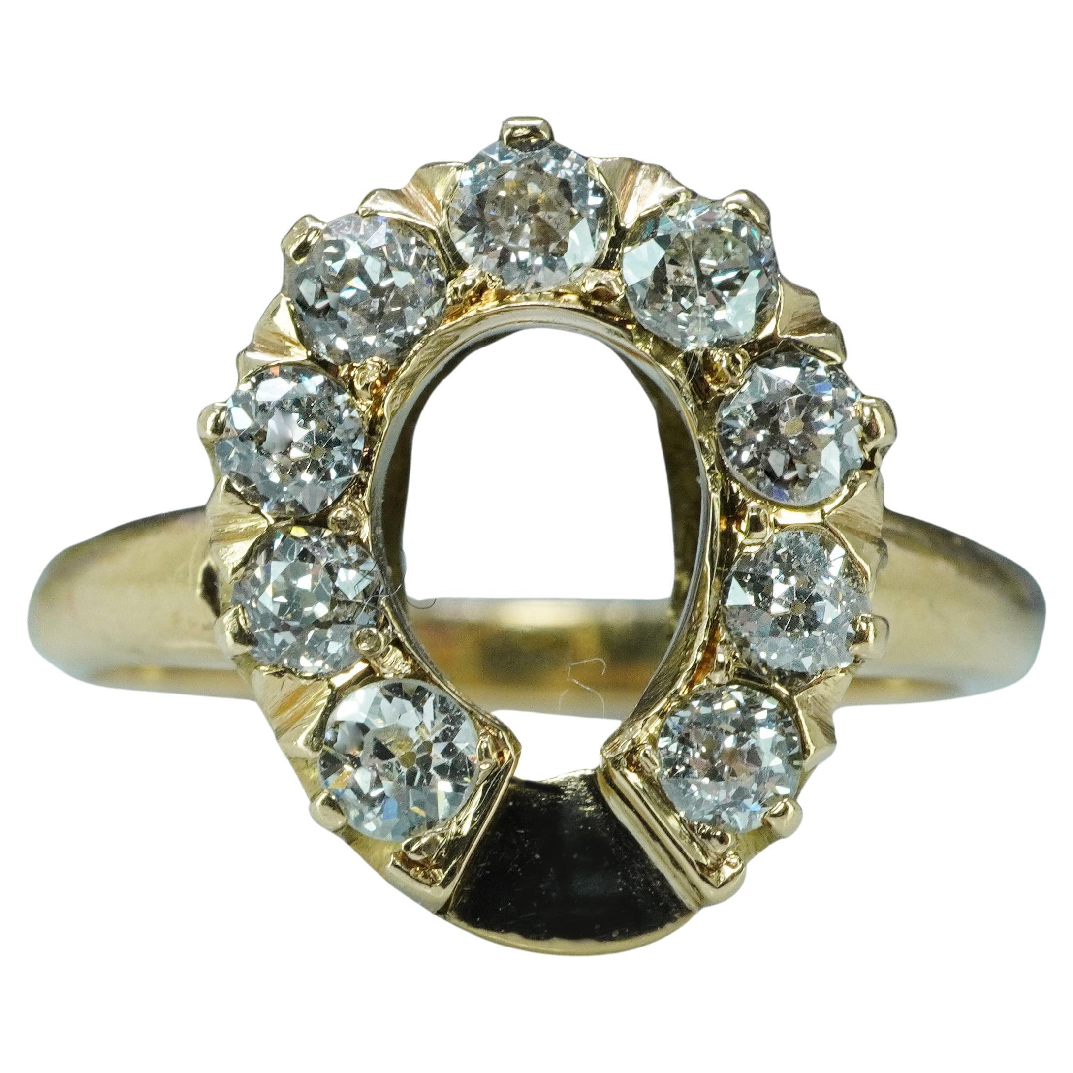 Anello antico edoardiano a ferro di cavallo con diamante europeo in oro 14K Dichiarazione di proprietà