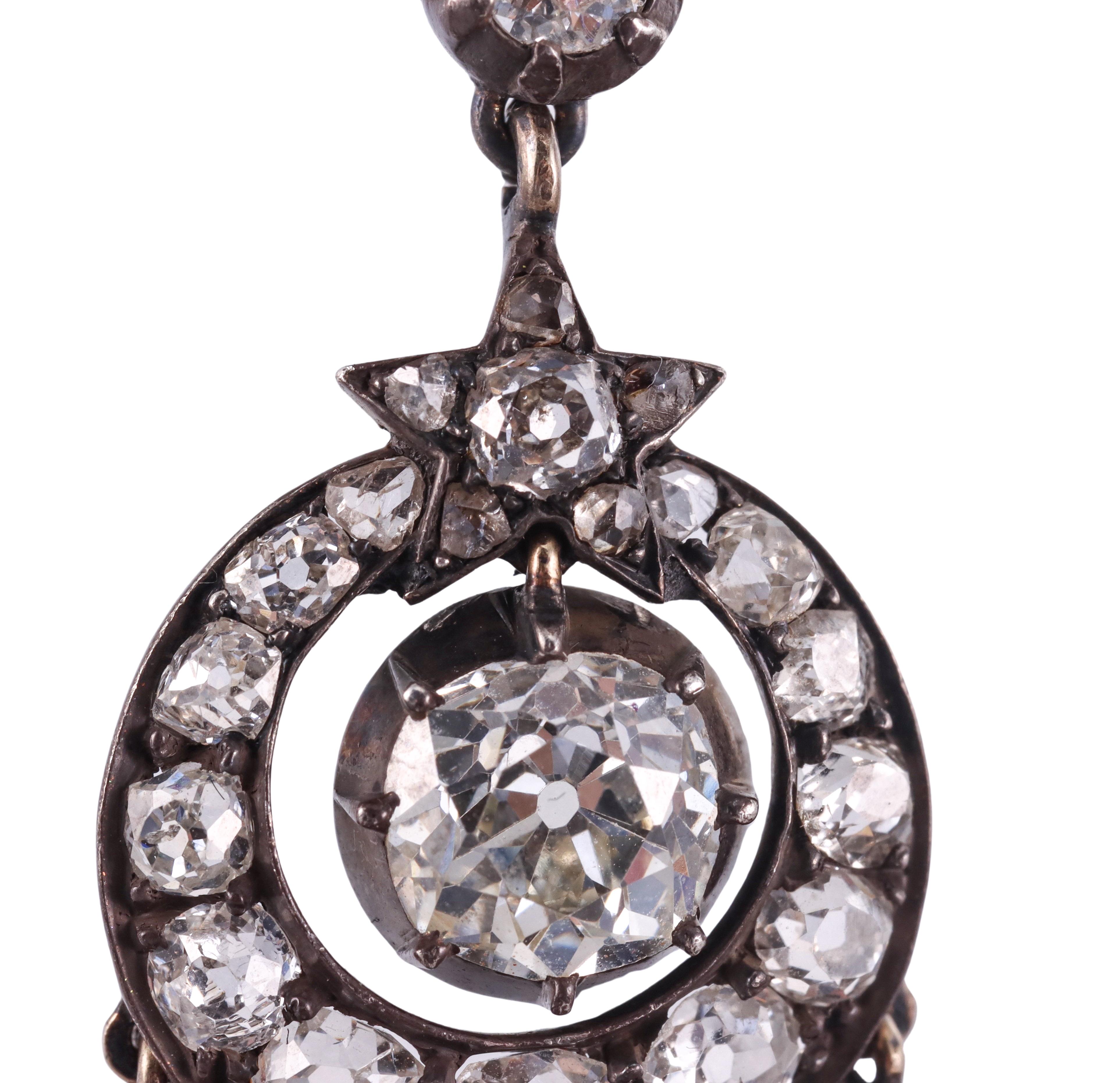 Antike Edwardianische Old Mine Diamant-Silber-Gold-Kronleuchter-Ohrringe im Zustand „Hervorragend“ im Angebot in New York, NY