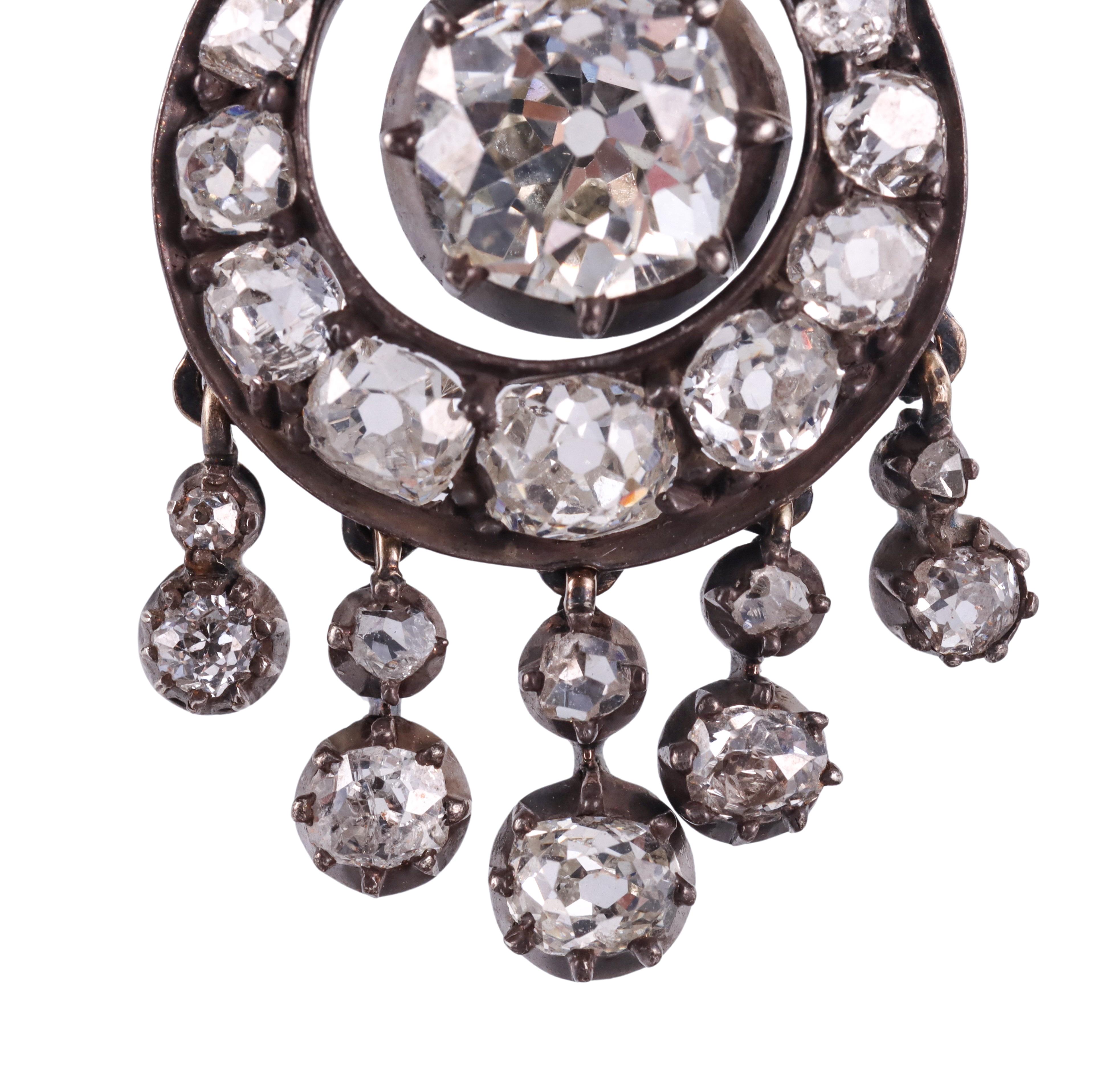 Women's Antique Edwardian Old Mine Diamond Silver Gold Chandelier Earrings For Sale