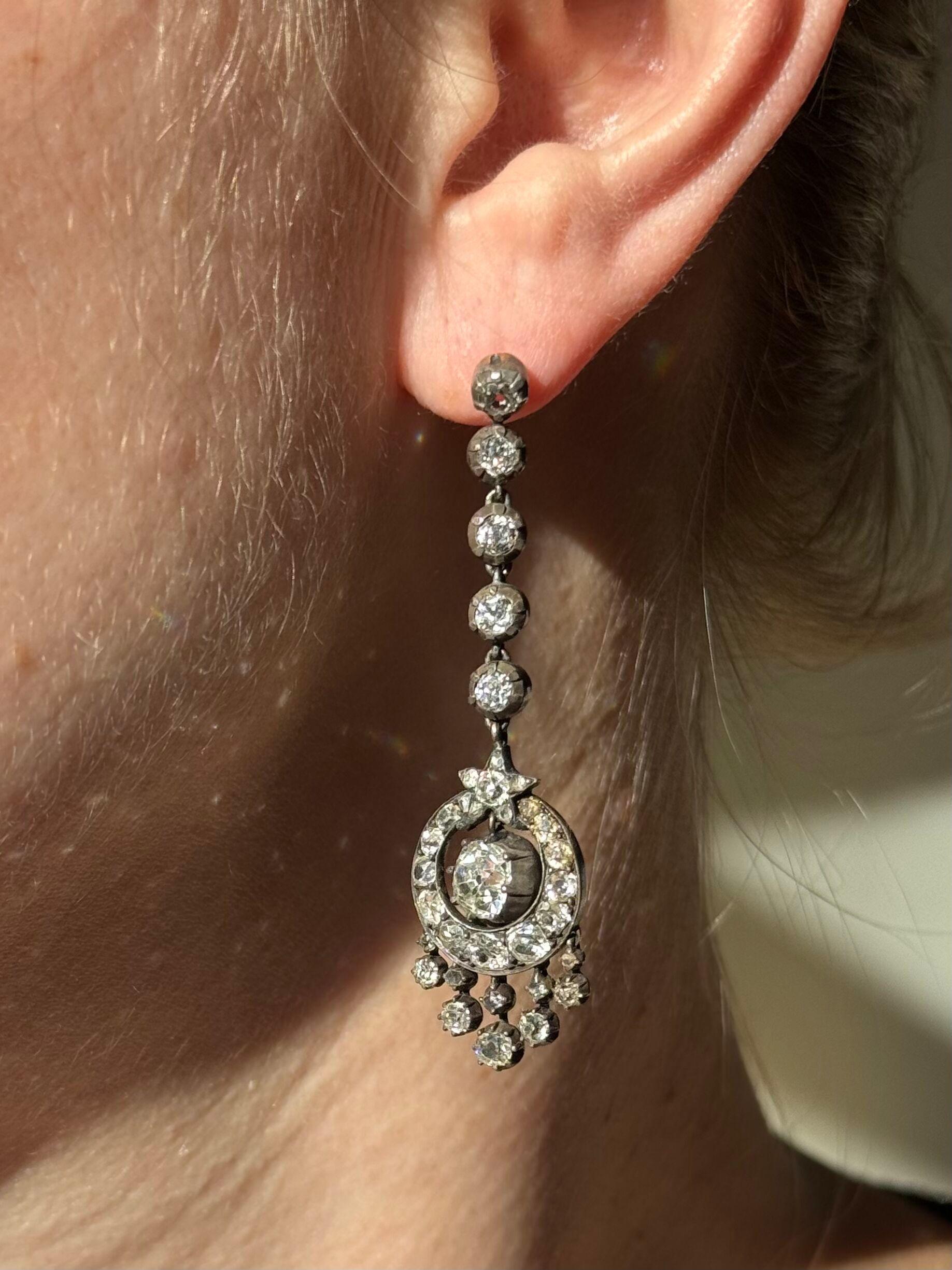 Antike Edwardianische Old Mine Diamant-Silber-Gold-Kronleuchter-Ohrringe im Angebot 3