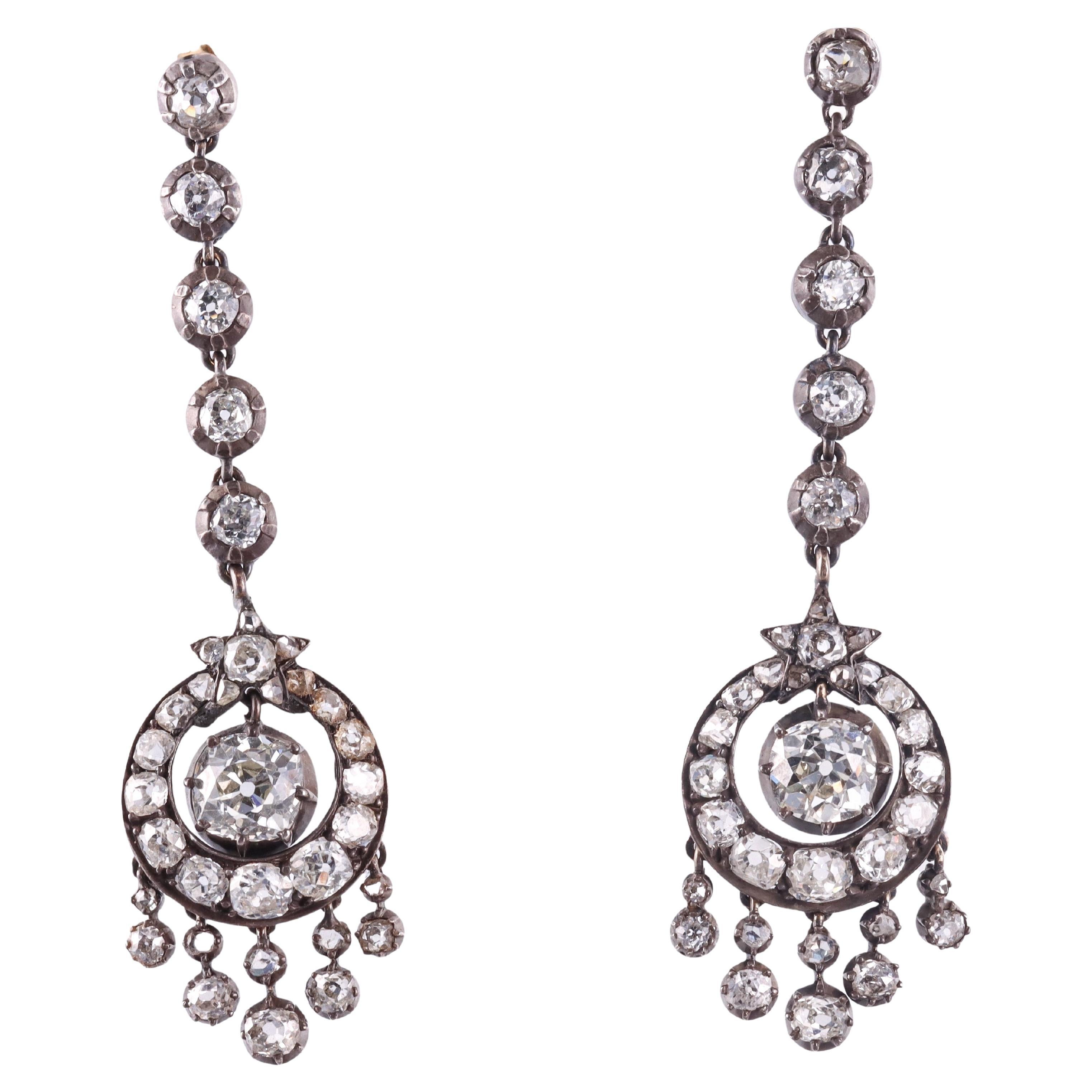 Antique Edwardian Old Mine Diamond Silver Gold Chandelier Earrings For Sale