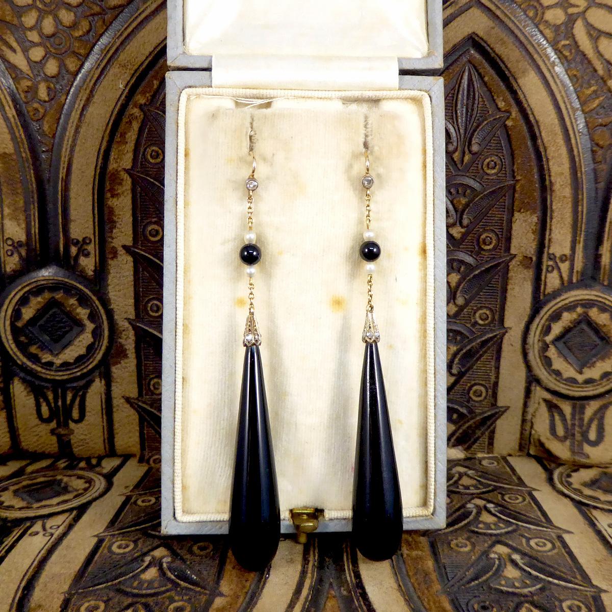 Antique Edwardian Onyx and Pearl Drop Earrings with Diamonds Set in Yellow Gold 3