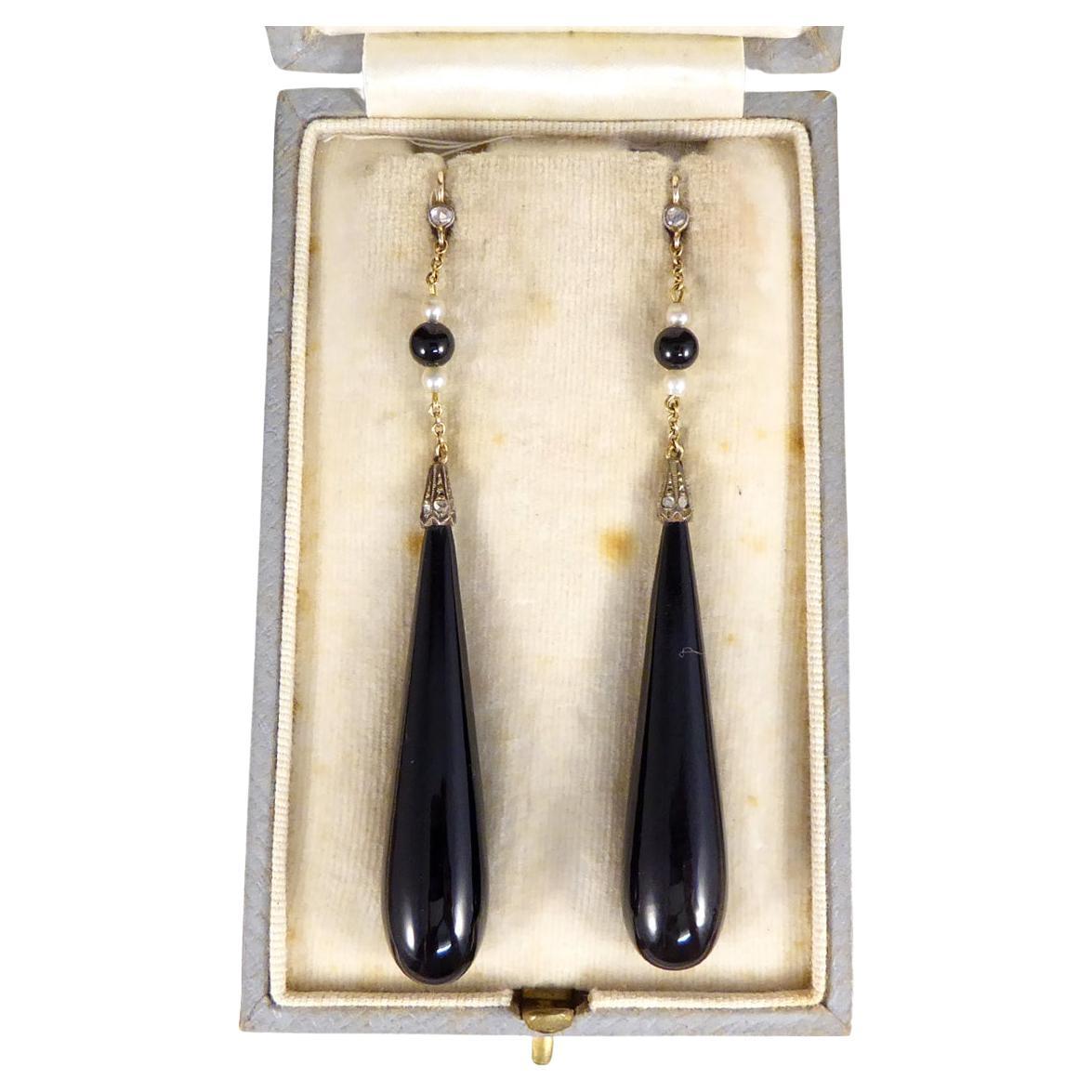 Antique Edwardian Onyx and Pearl Drop Earrings with Diamonds Set in Yellow Gold