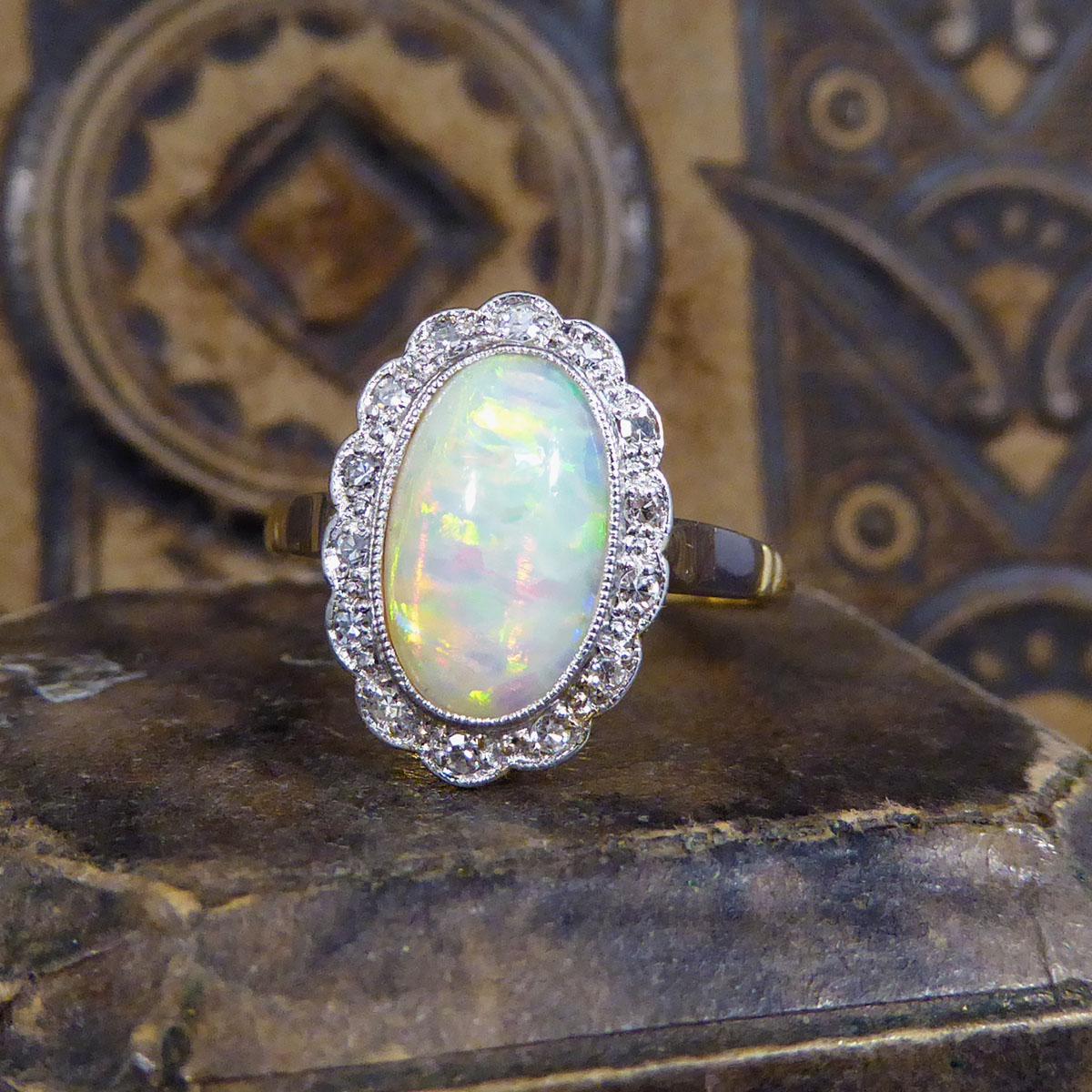 Antique Edwardian Opal and Diamond Cluster Ring in 18ct Yellow Gold and Platinum 3