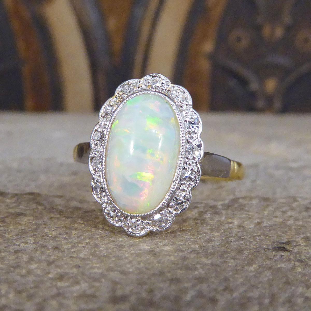 Oval Cut Antique Edwardian Opal and Diamond Cluster Ring in 18ct Yellow Gold and Platinum