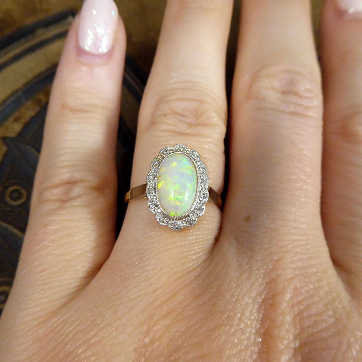 Women's or Men's Antique Edwardian Opal and Diamond Cluster Ring in 18ct Yellow Gold and Platinum