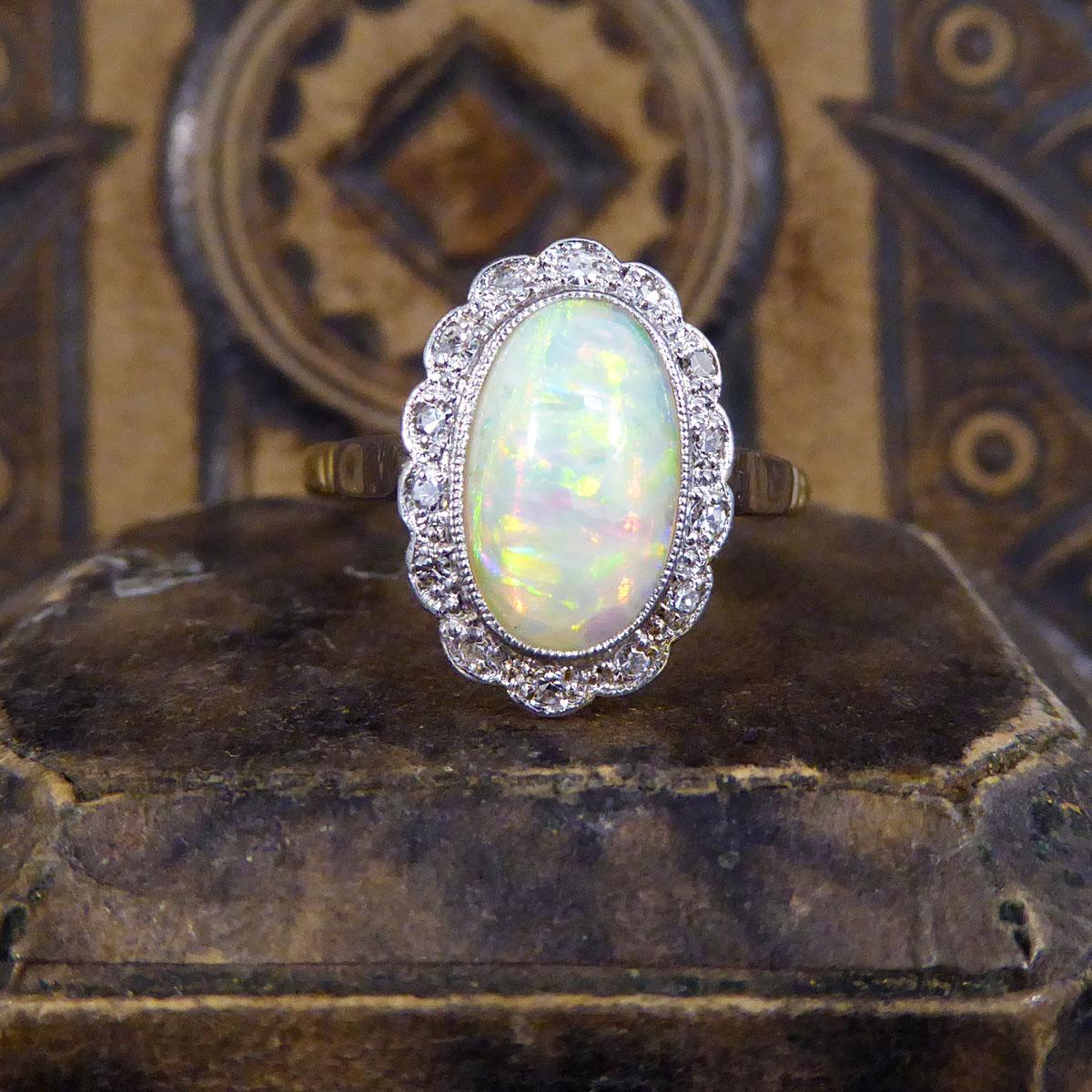 Antique Edwardian Opal and Diamond Cluster Ring in 18ct Yellow Gold and Platinum 1