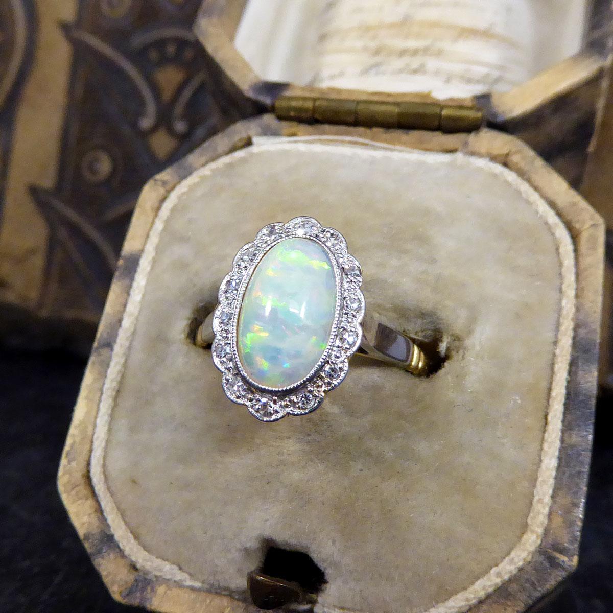 Antique Edwardian Opal and Diamond Cluster Ring in 18ct Yellow Gold and Platinum 2