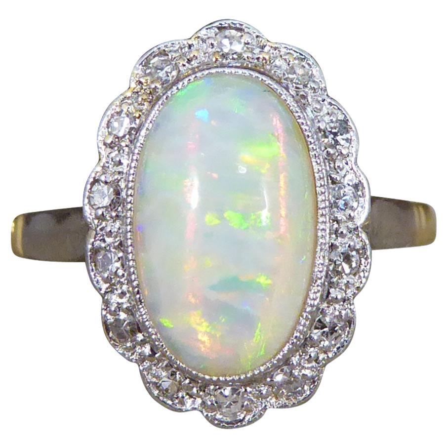 Antique Edwardian Opal and Diamond Cluster Ring in 18ct Yellow Gold and Platinum