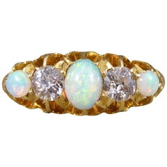 Antique Edwardian Opal and Diamond Five-Stone Ring in 18 Carat Yellow Gold