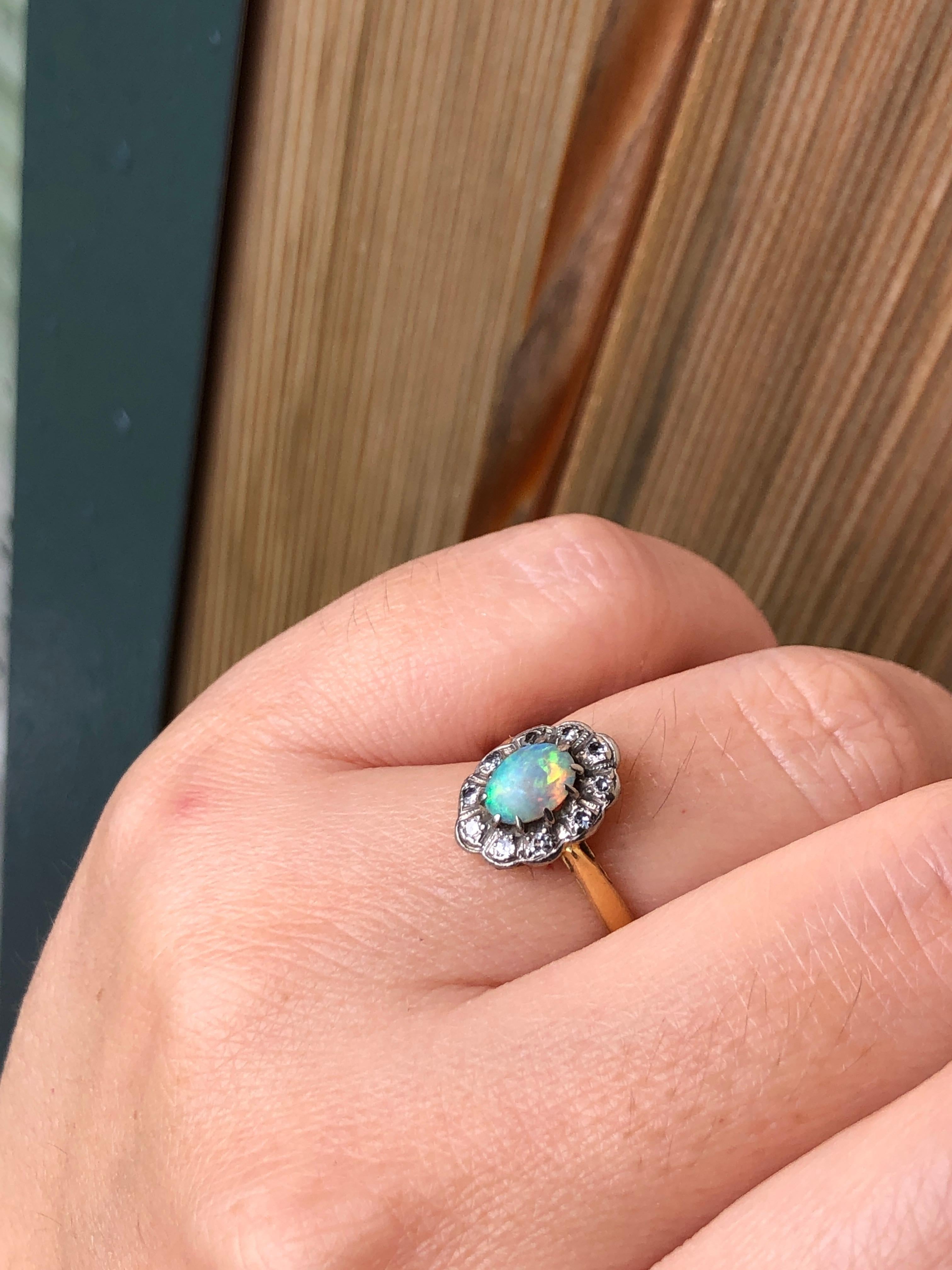 Antique Edwardian Opal Diamond Cluster Ring In Excellent Condition In Banbury, GB