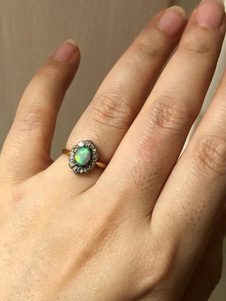 Cabochon Antique Edwardian Opal Diamond Cluster Ring