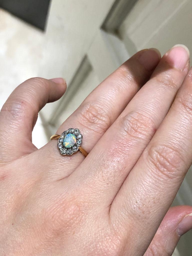 Women's or Men's Antique Edwardian Opal Diamond Cluster Ring