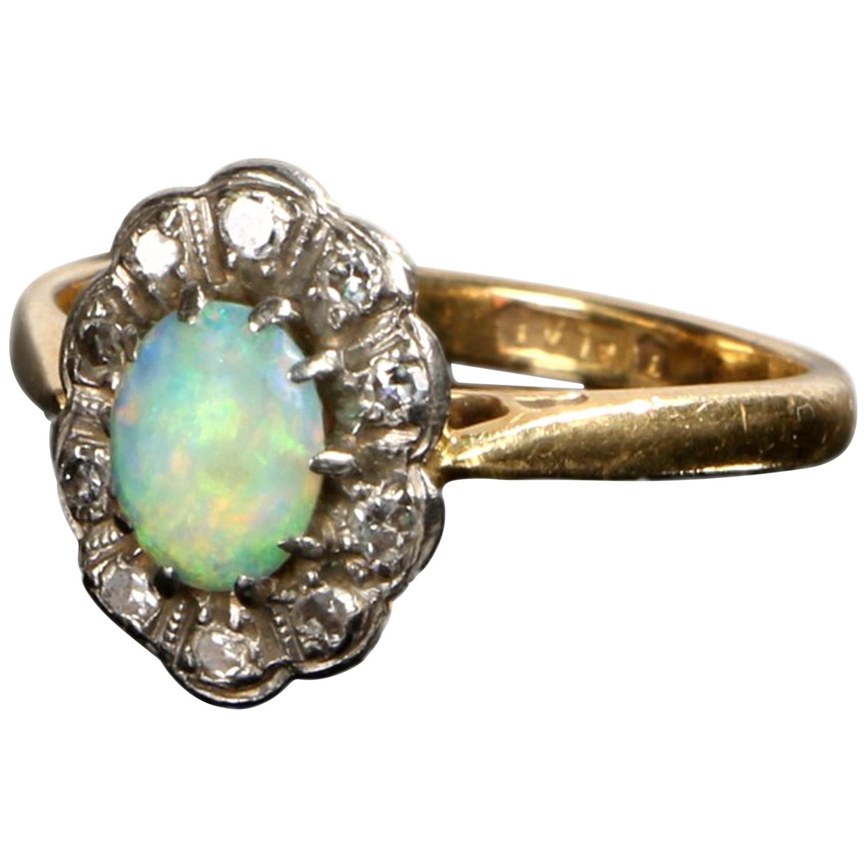 Antique Edwardian Opal Diamond Cluster Ring