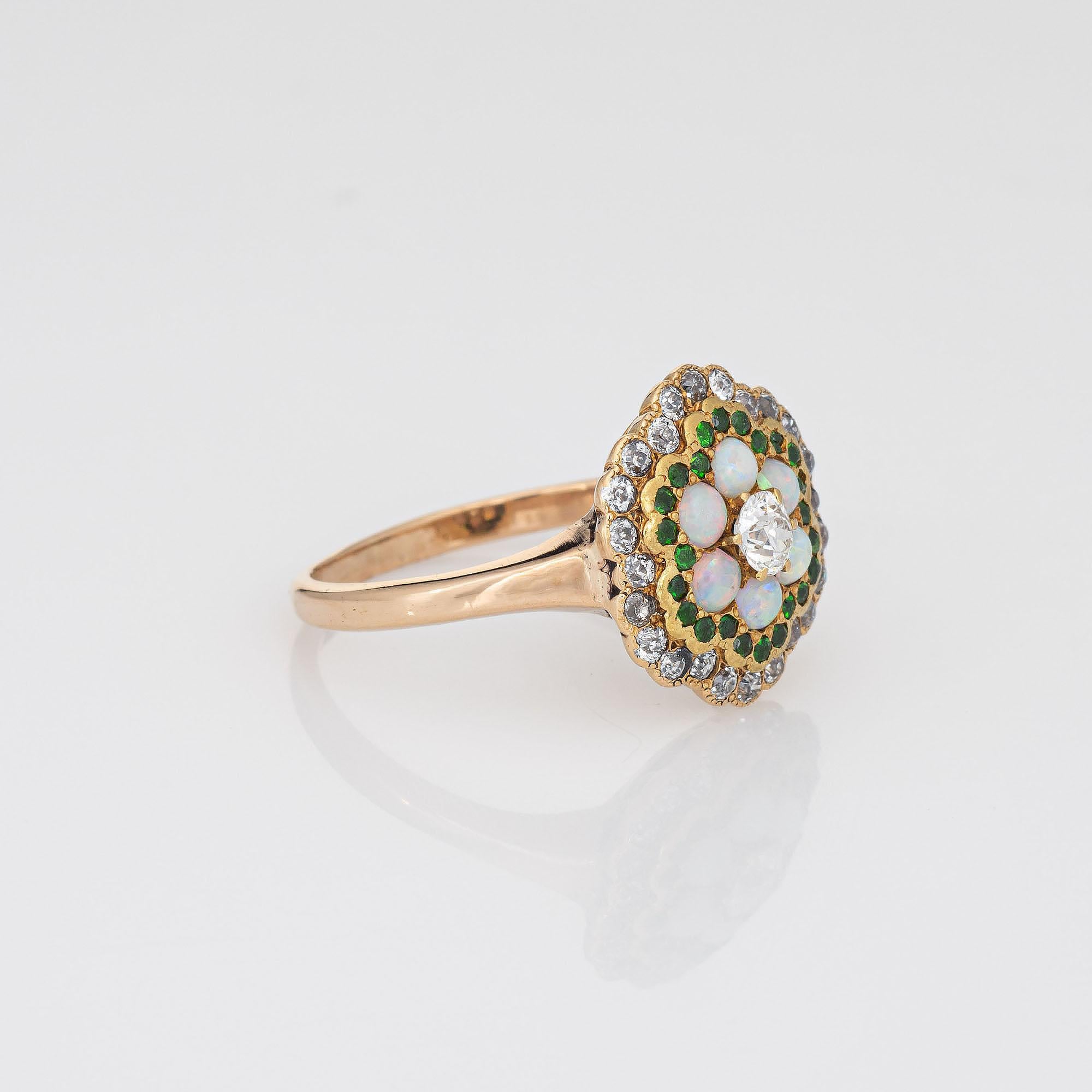 Old Mine Cut Antique Edwardian Opal Diamond Ring Demantoid Garnet 18k Yellow Gold Jewelry