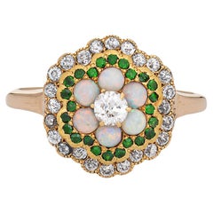 Antique Edwardian Opal Diamond Ring Demantoid Garnet 18k Yellow Gold Jewelry