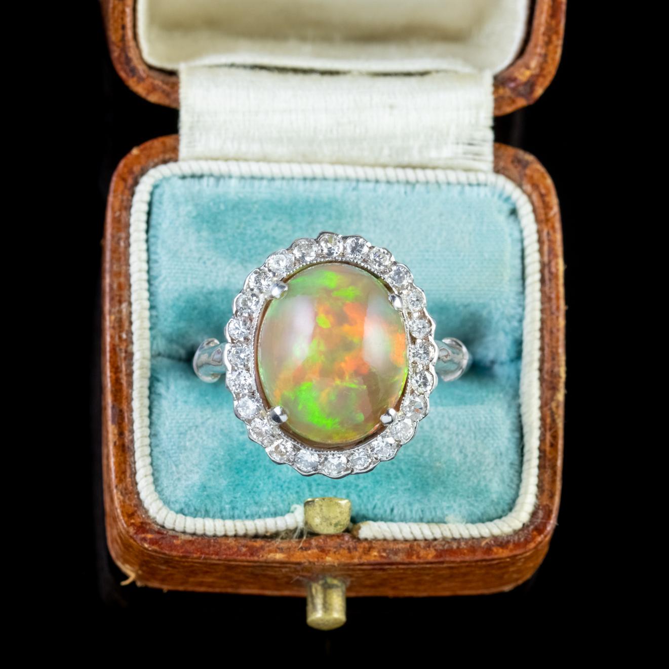 Antique Edwardian Opal Diamond Ring Platinum 6 Carat Natural Opal, circa 1910 For Sale 2