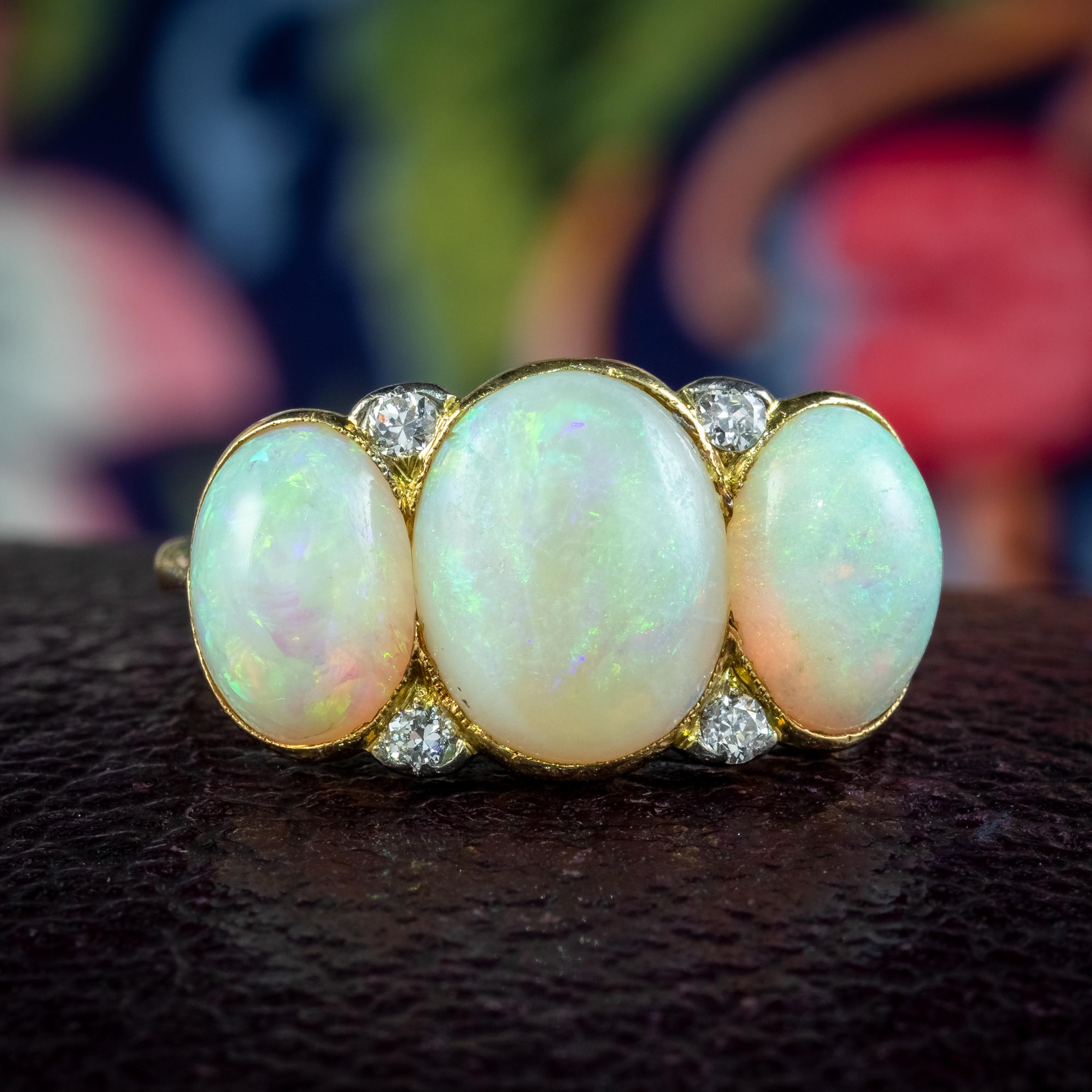 Women's Antique Edwardian Opal Diamond Trilogy Ring 7 Carat Total For Sale