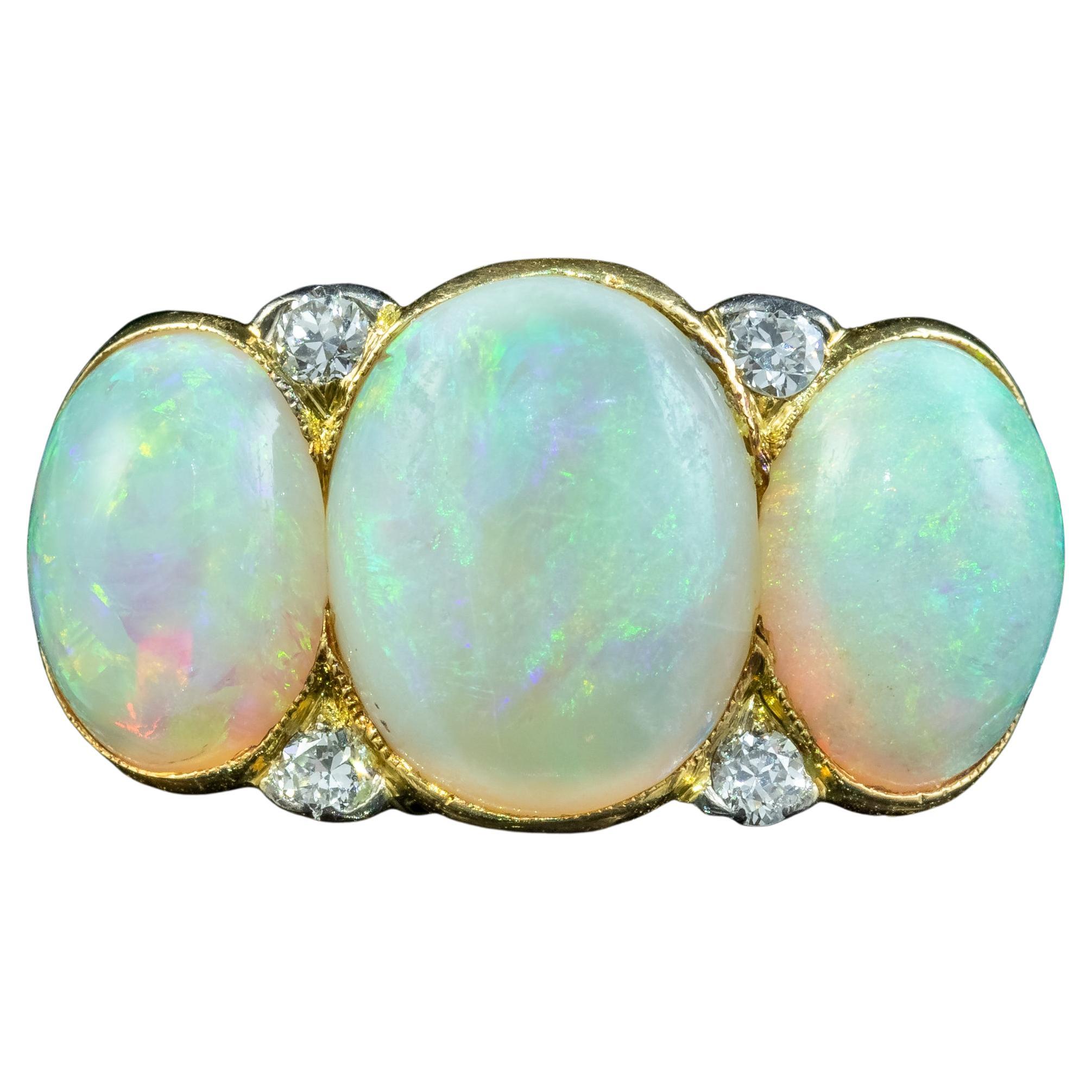 Antique Edwardian Opal Diamond Trilogy Ring 7 Carat Total For Sale