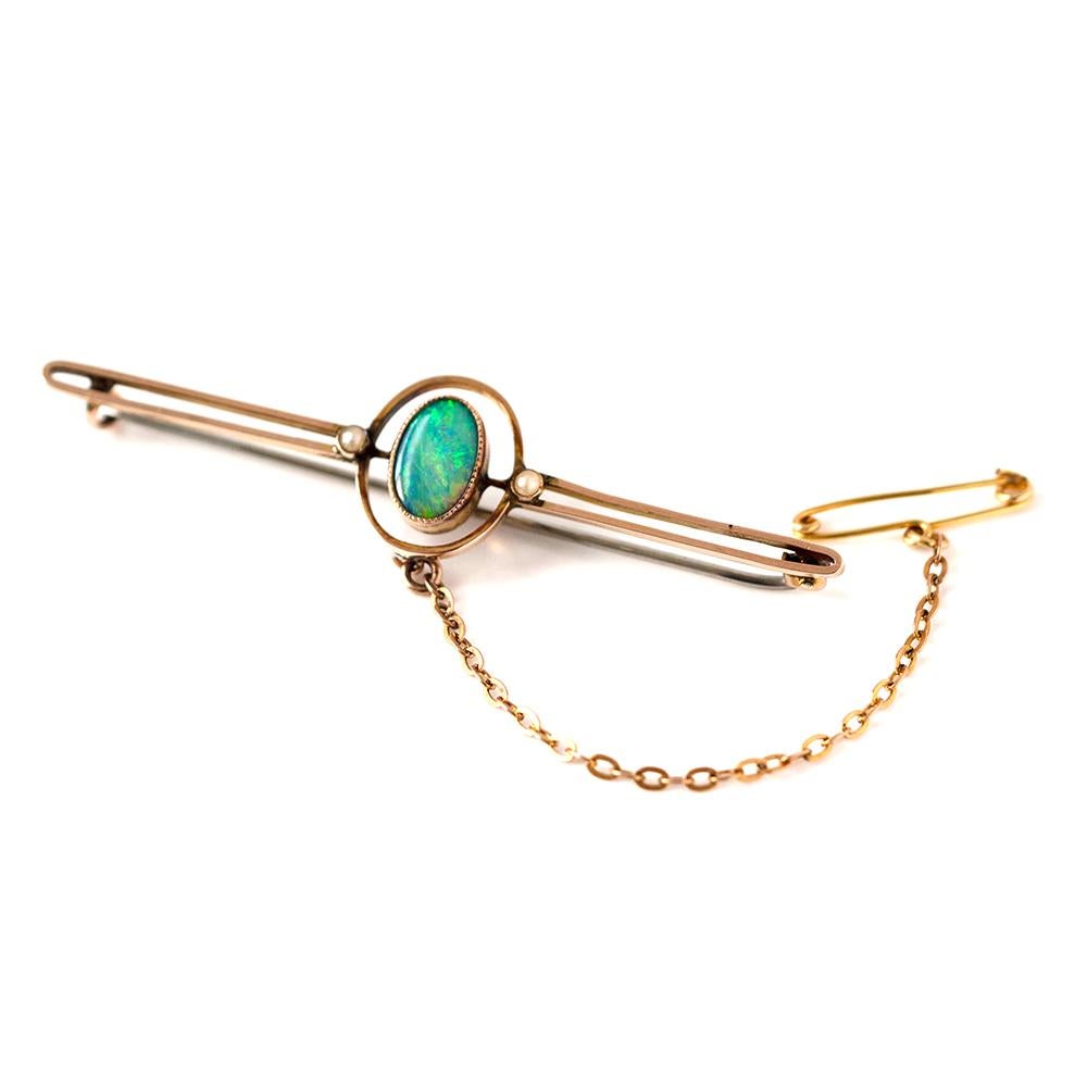 Antique Edwardian Opal Seed Pearl 9ct Gold Brooch For Sale 1
