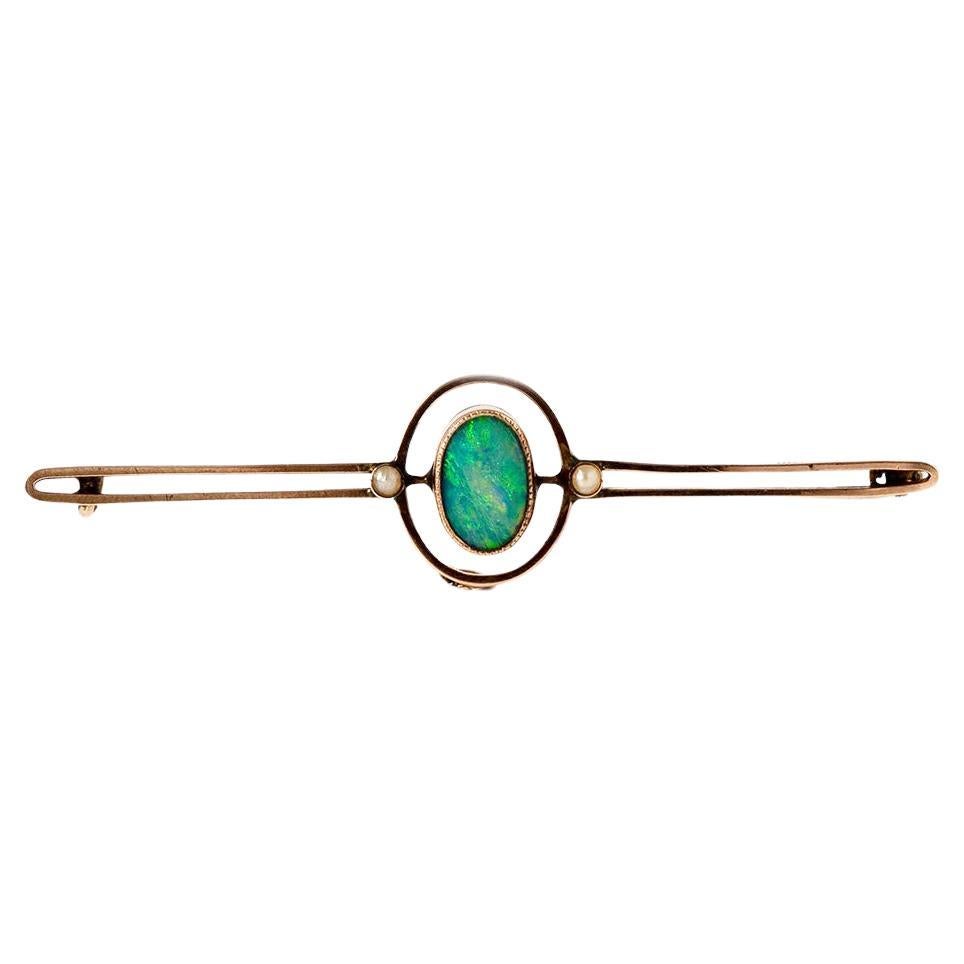Antiguo broche eduardiano de ópalo, perla y oro de 9 ct