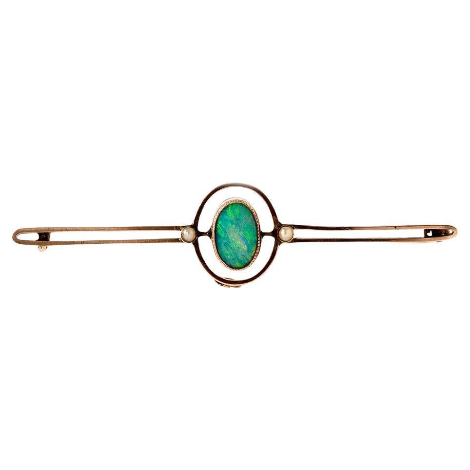 Antique Edwardian Opal Seed Pearl 9ct Gold Brooch For Sale