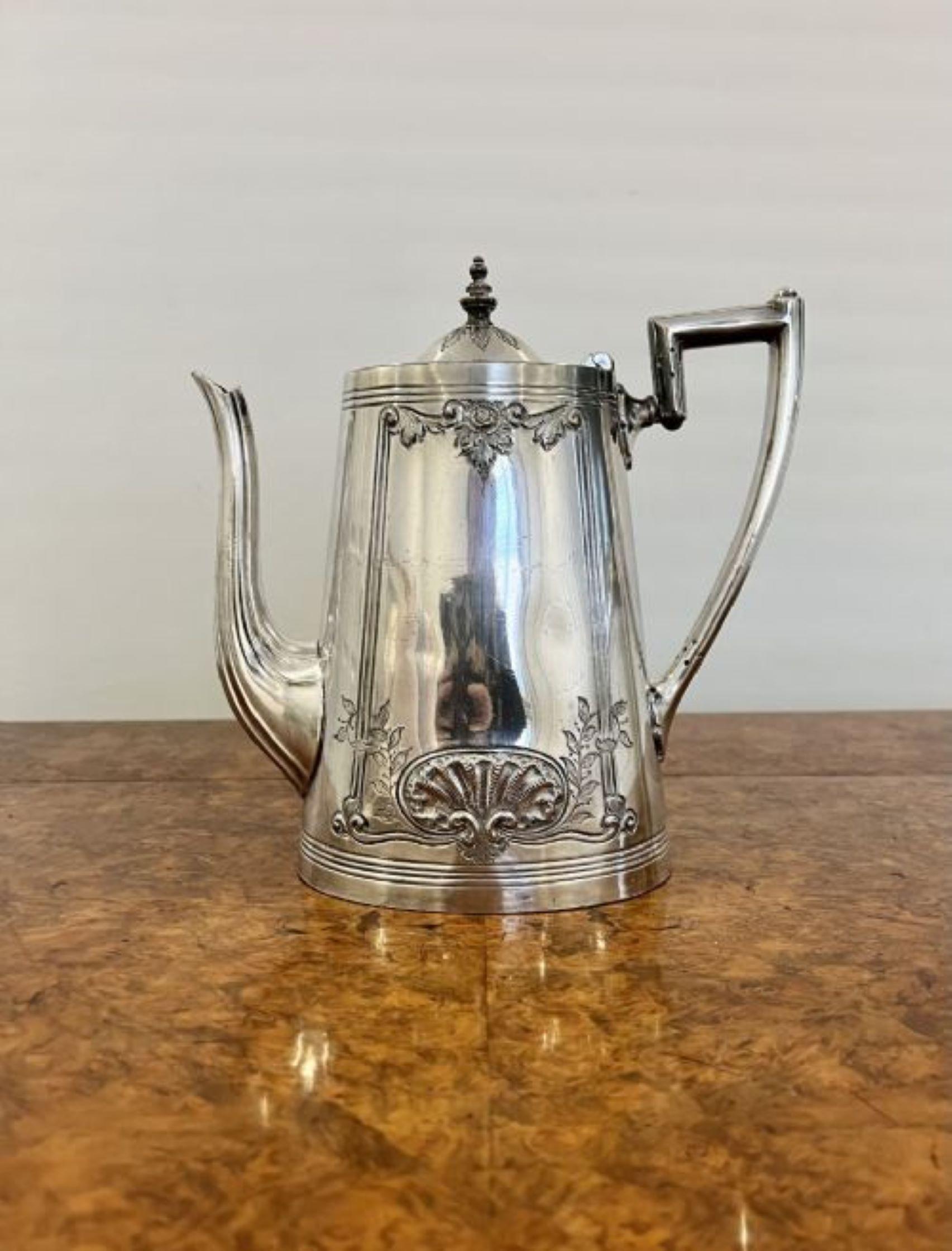Antique Edwardian ornate silver plated three piece tea set consisting of a silver plated ornate tea pot, coffee pot and sugar bowl with lovely ornate detail  