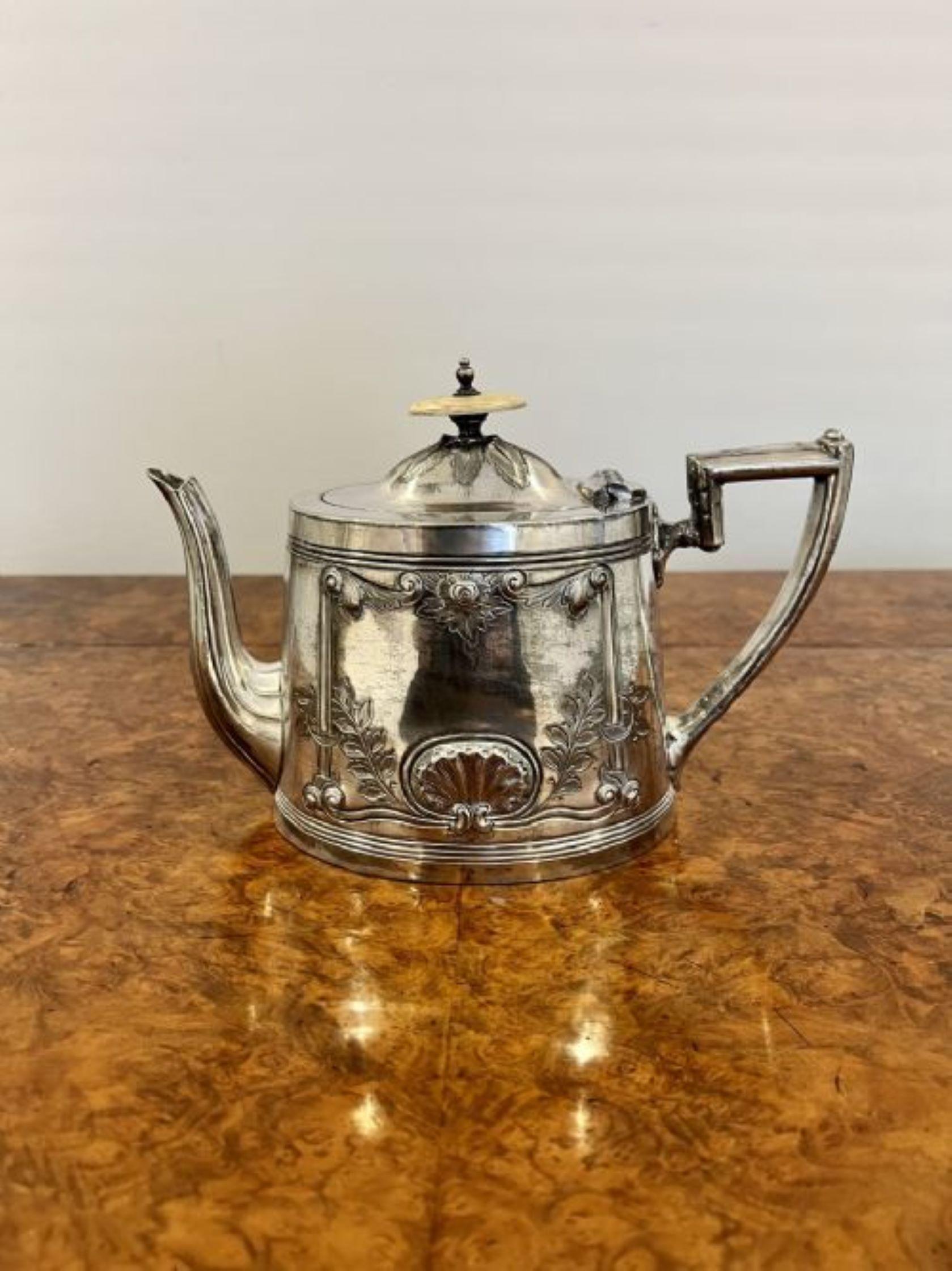 Silver Plate Antique Edwardian ornate silver plated three piece tea set For Sale