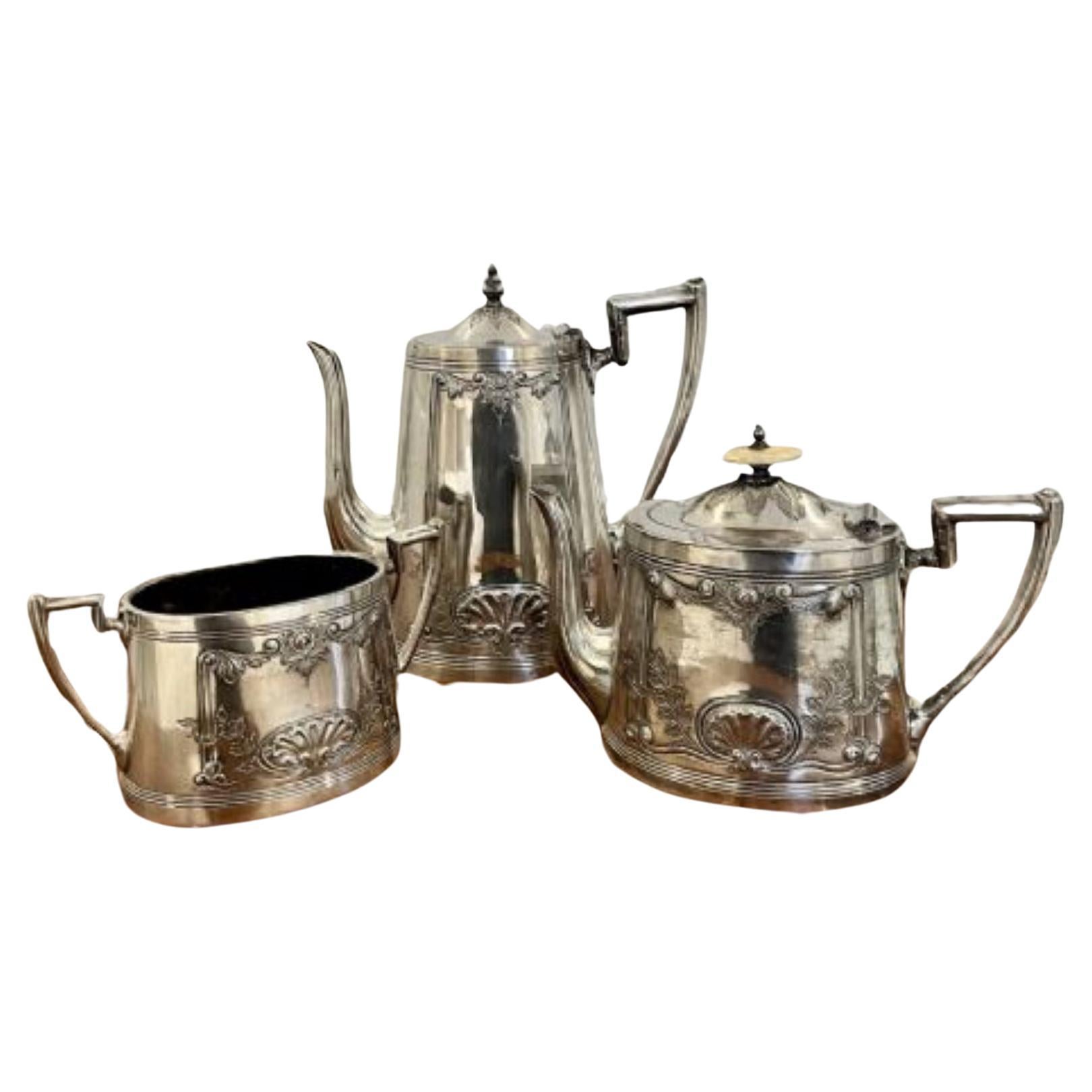 Antique Edwardian ornate silver plated three piece tea set For Sale