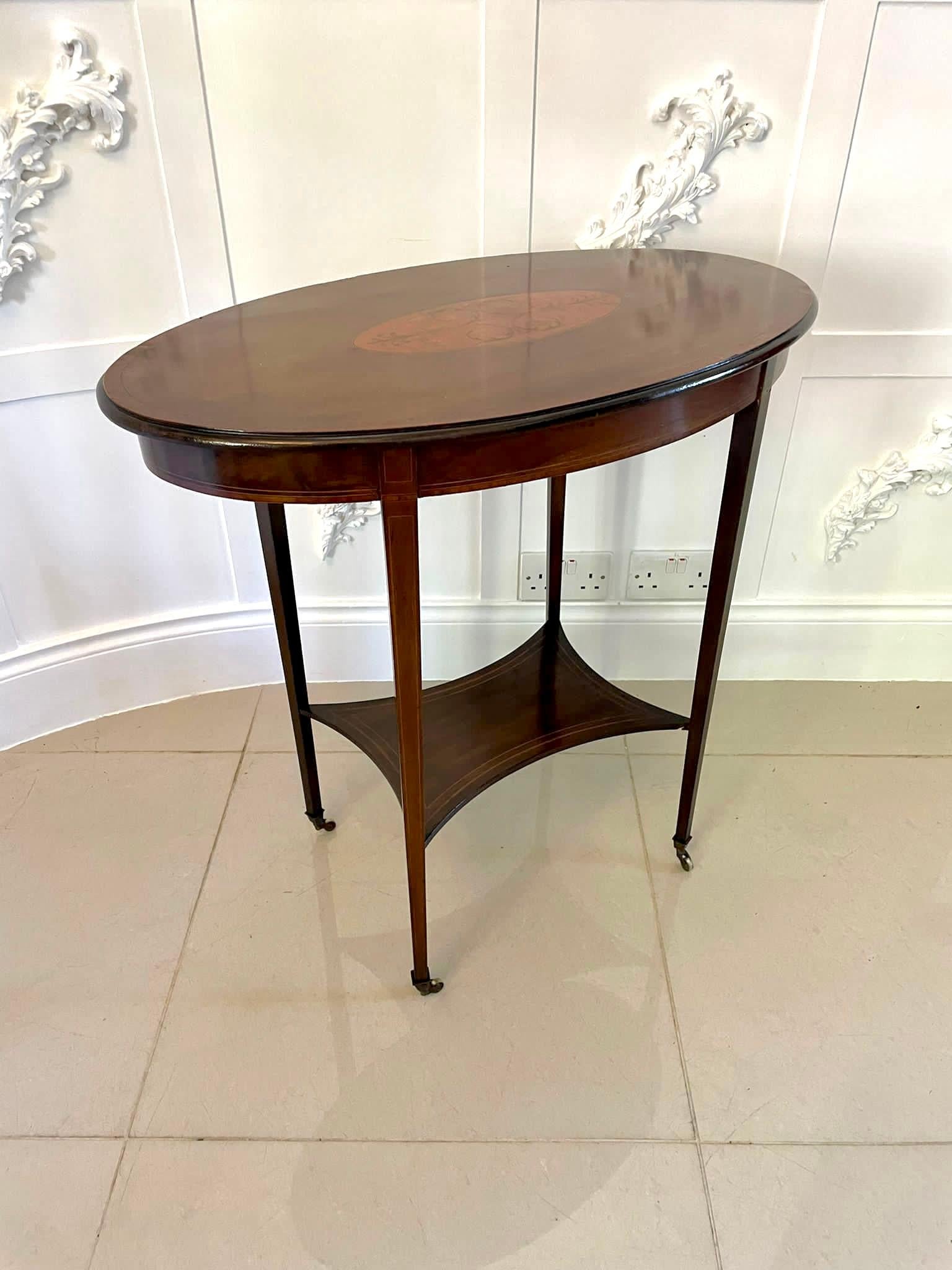 Early 20th Century Antique Edwardian Oval Quality Mahogany Inlaid Lamp Table For Sale