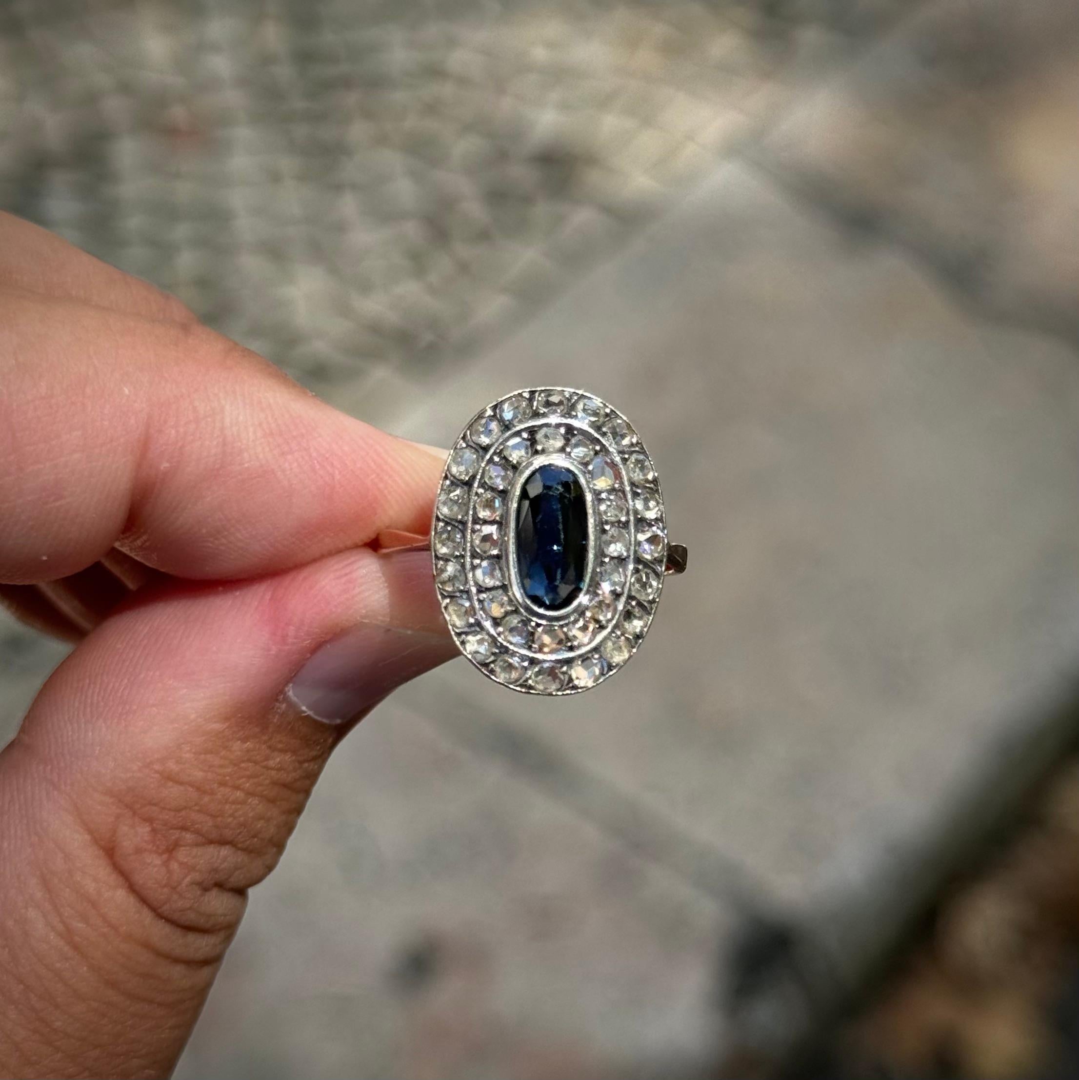 Oval Cut Antique Edwardian Oval Sapphire Diamond Engagement Ring Silver Yellow Gold 1900s For Sale