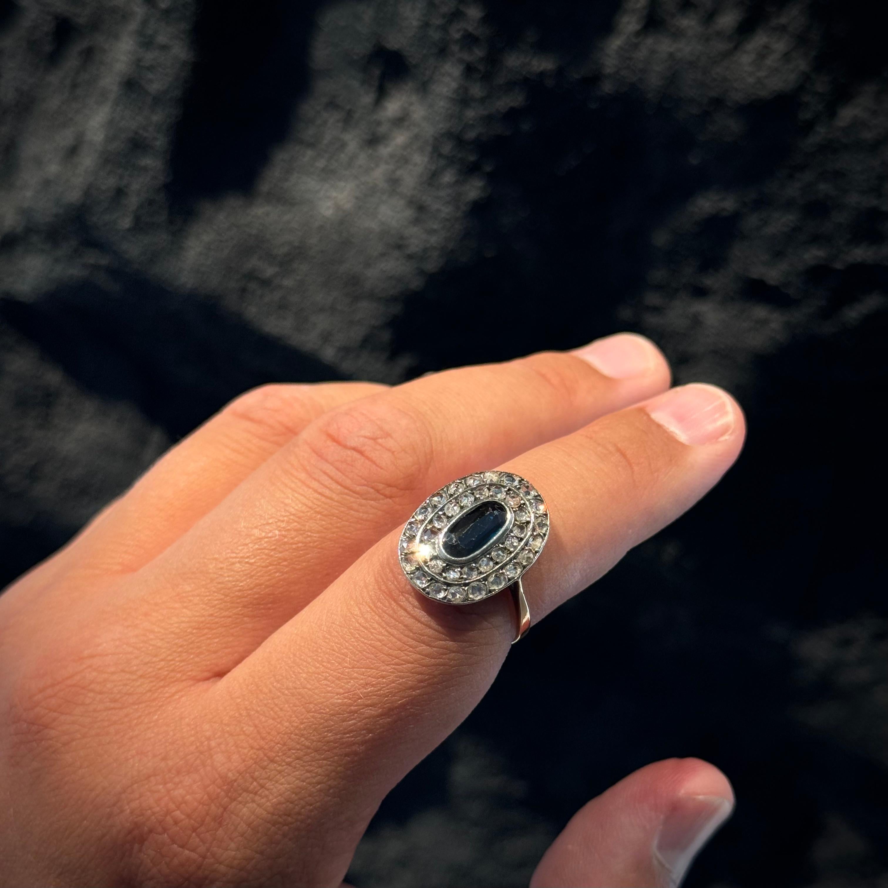 Women's or Men's Antique Edwardian Oval Sapphire Diamond Engagement Ring Silver Yellow Gold 1900s For Sale