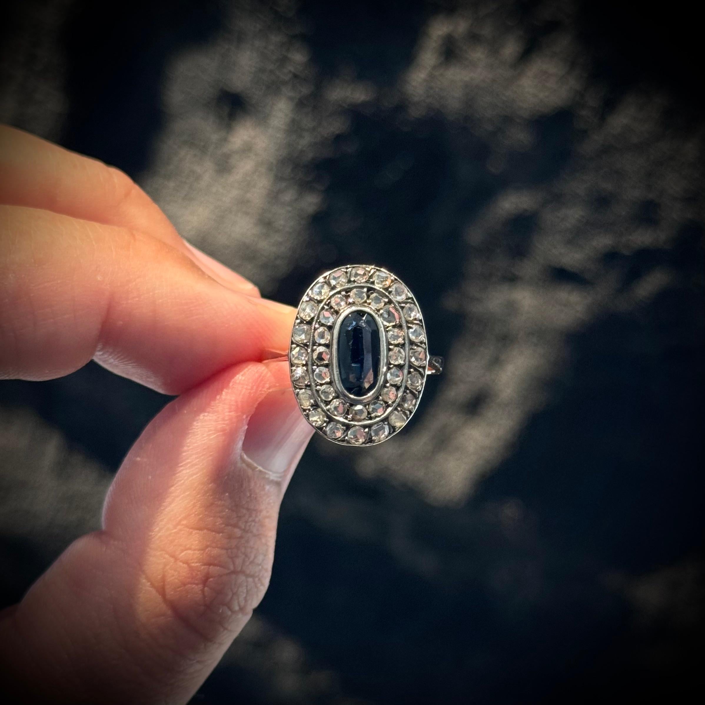 Antique Edwardian Oval Sapphire Diamond Engagement Ring Silver Yellow Gold 1900s For Sale 1