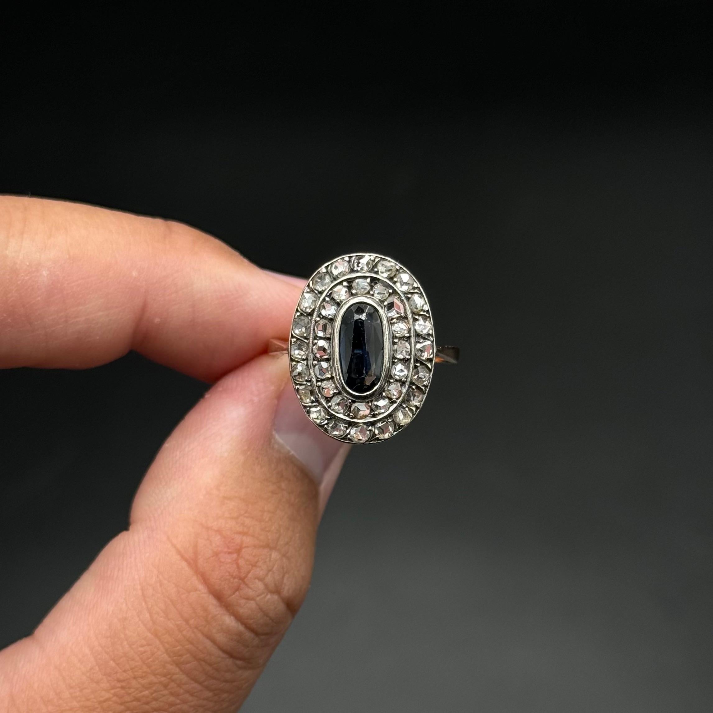 Antique Edwardian Oval Sapphire Diamond Engagement Ring Silver Yellow Gold 1900s For Sale 4