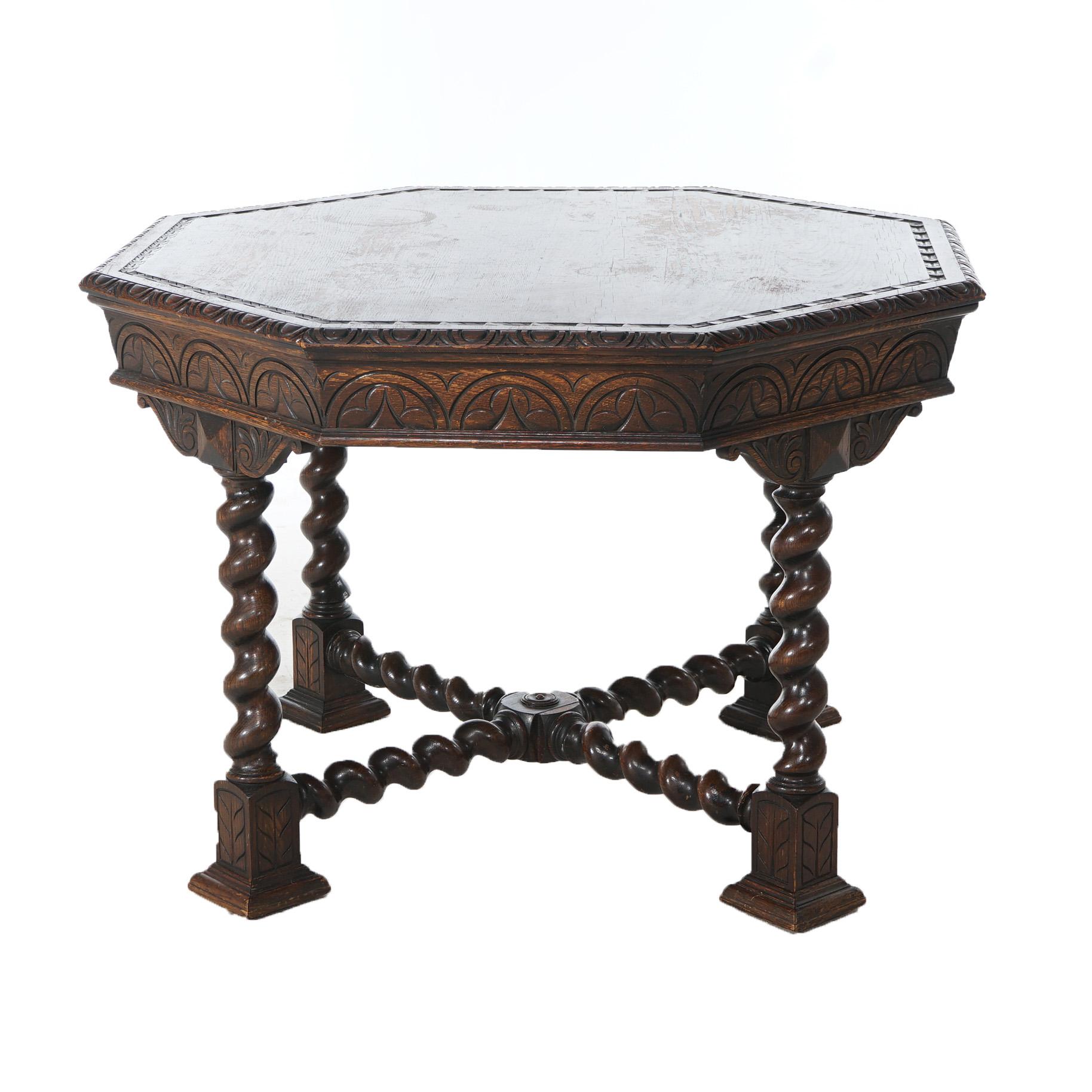 English Antique Edwardian Oversized Carved Oak Octagonal Center Table, C1910 For Sale