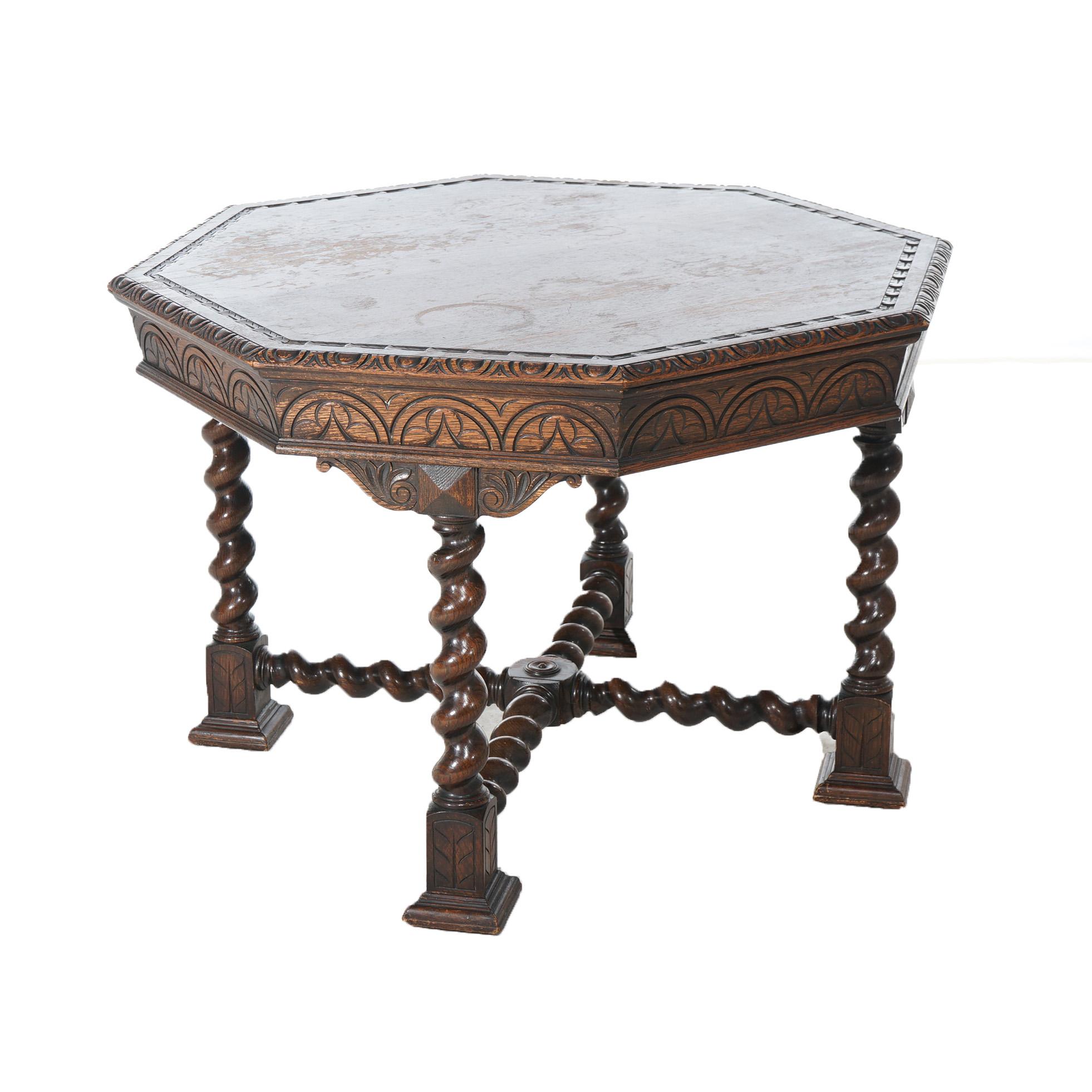 Antique Edwardian Oversized Carved Oak Octagonal Center Table, C1910 In Good Condition In Big Flats, NY
