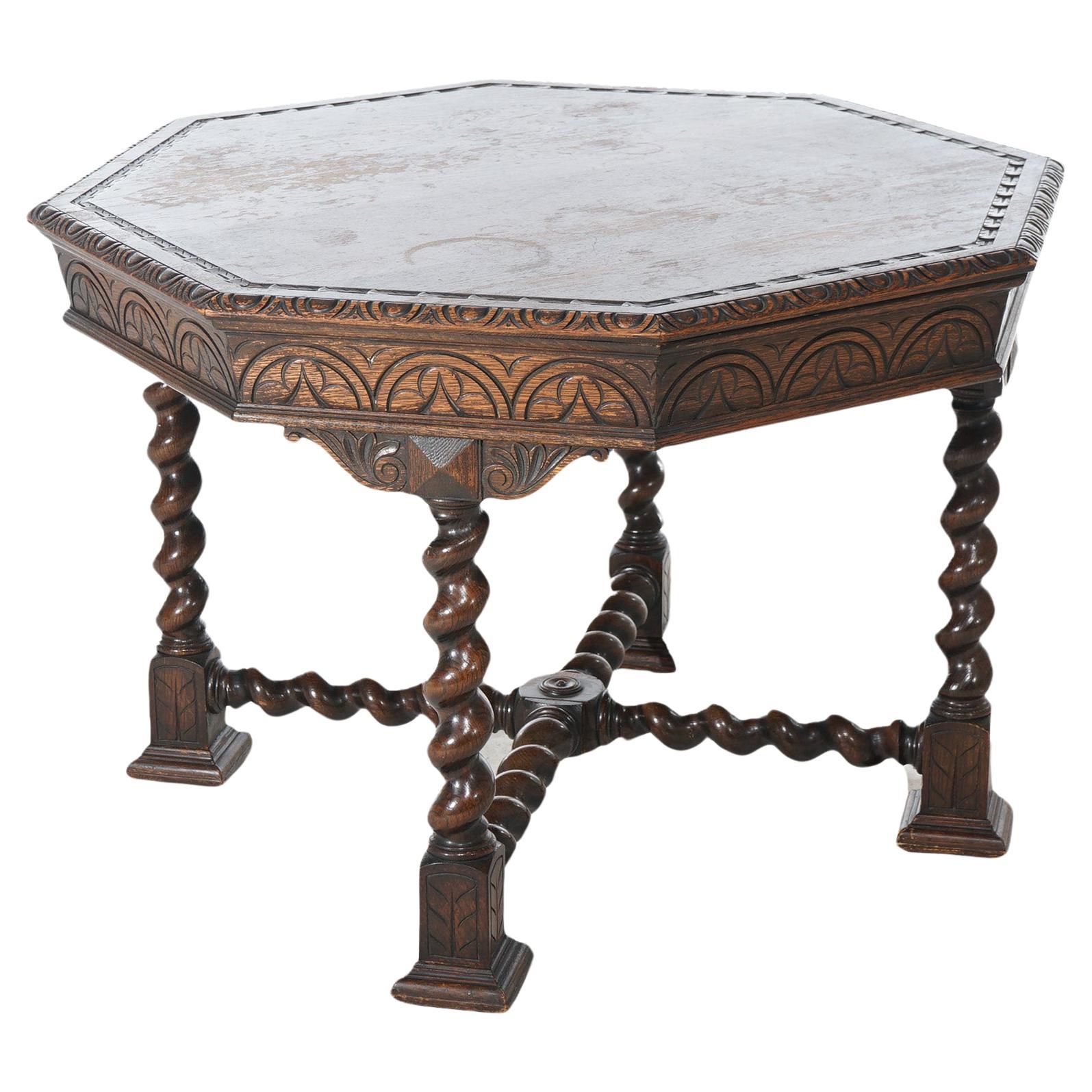 Antique Edwardian Oversized Carved Oak Octagonal Center Table, C1910